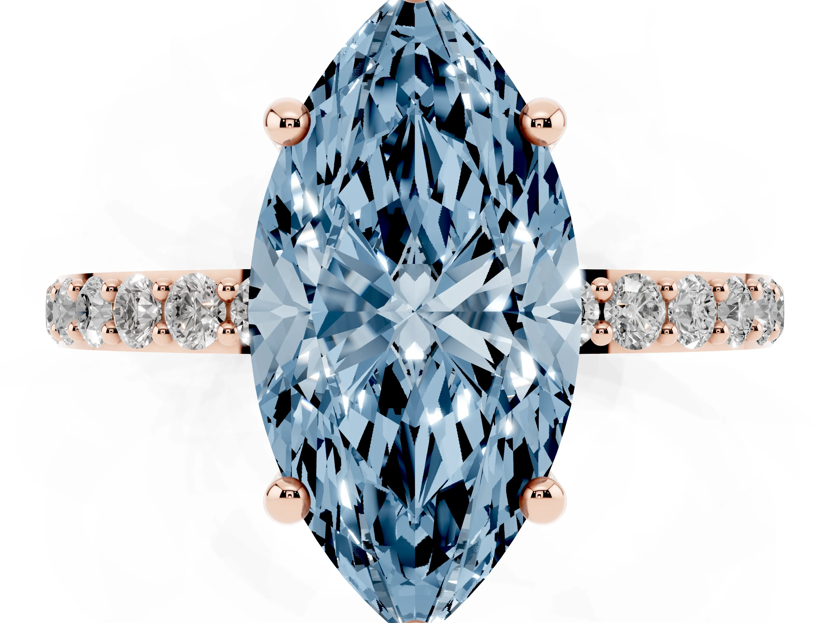 Fancy Blue Marquise Cut Diamond Solitaire Ring Set in Rose gold with Round Pavé Band and Prong Setting