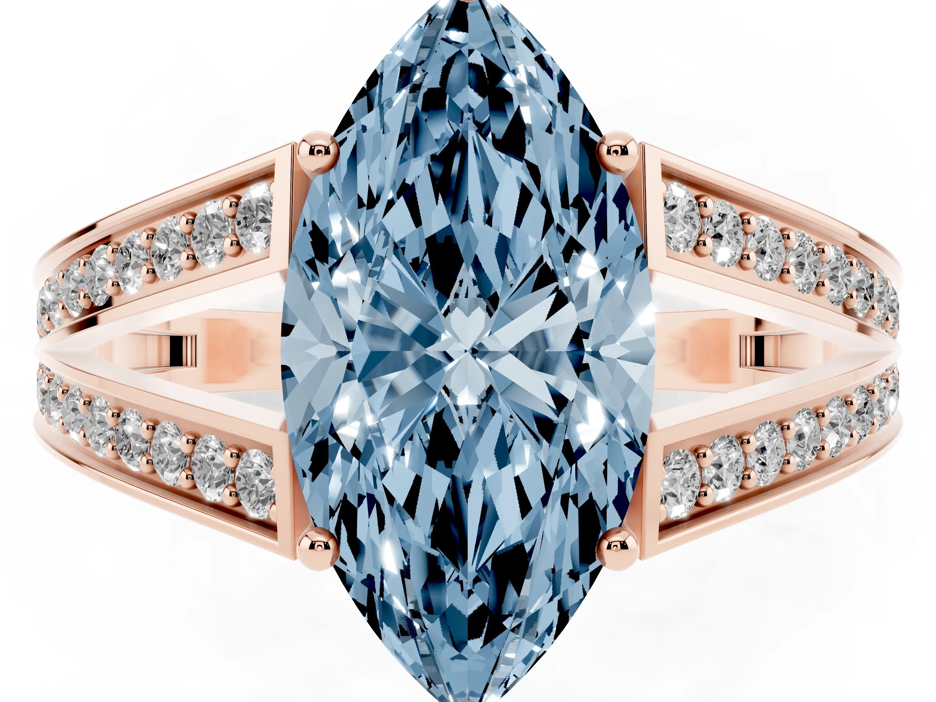 Fancy Blue Marquise Cut Diamond Split Shank Ring Set in Rose gold with Pavé Band and Prong Setting