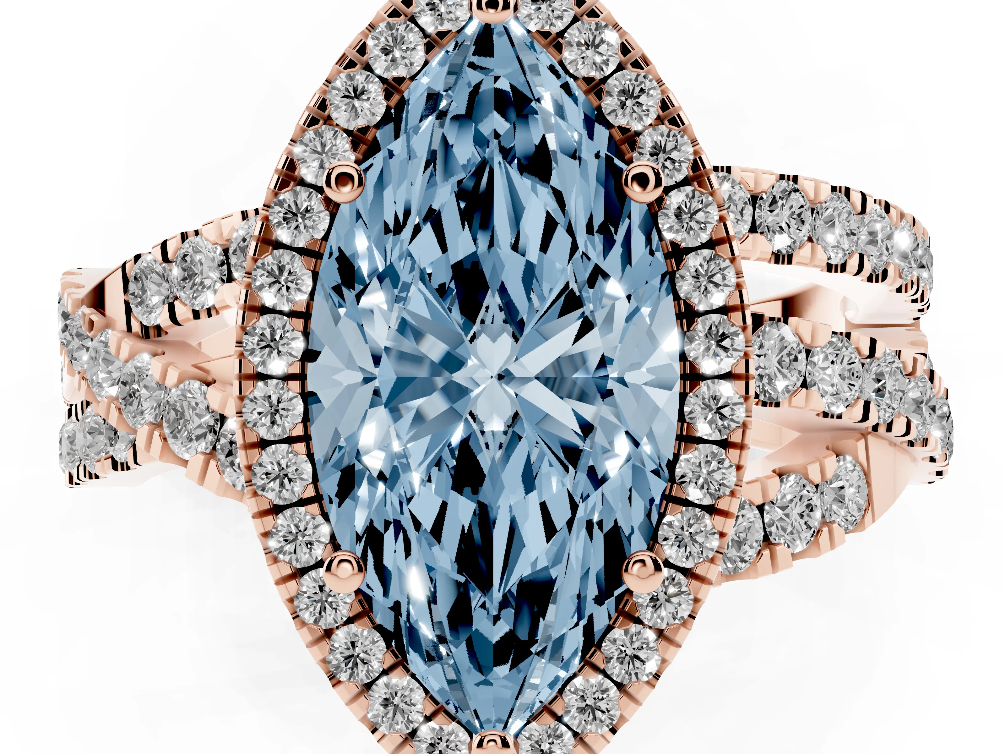 Fancy Blue Marquise Cut Diamond Halo Ring Set in Rose gold with Round Crossover Split Shank and Prong Setting