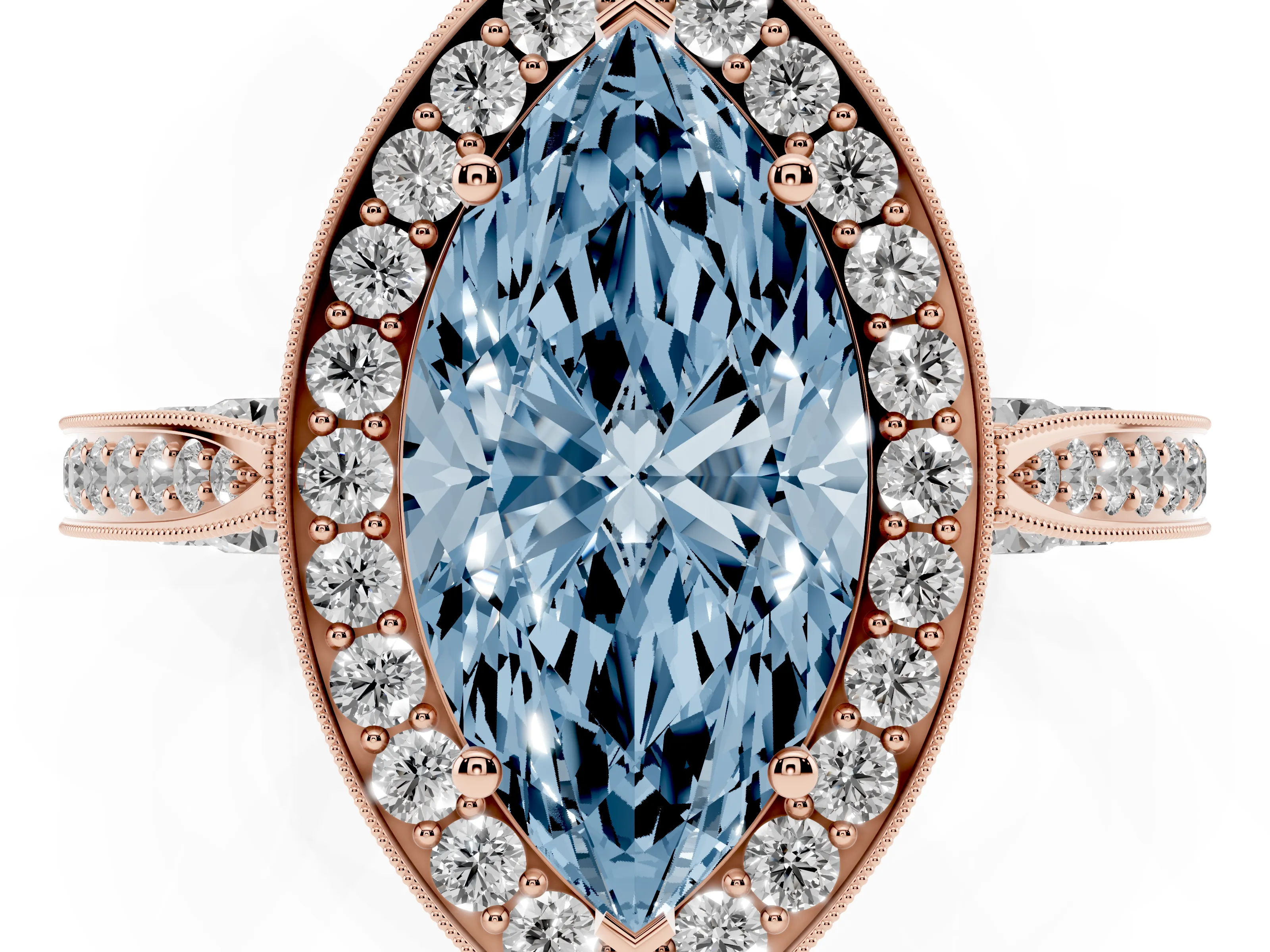 Fancy Blue Marquise Cut Diamond Halo Engagement Ring Set in Rose gold with Accent Split Shank Band