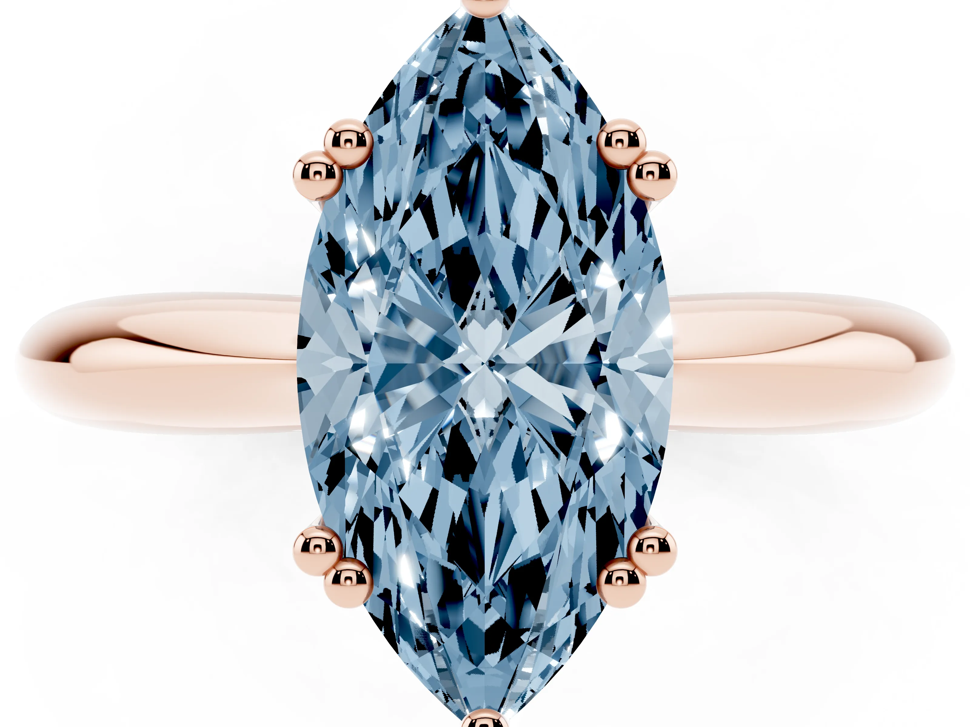 Fancy Blue Marquise Cut Diamond Solitaire Engagement Ring Set in Rose gold with Tapered Band and Prong Setting