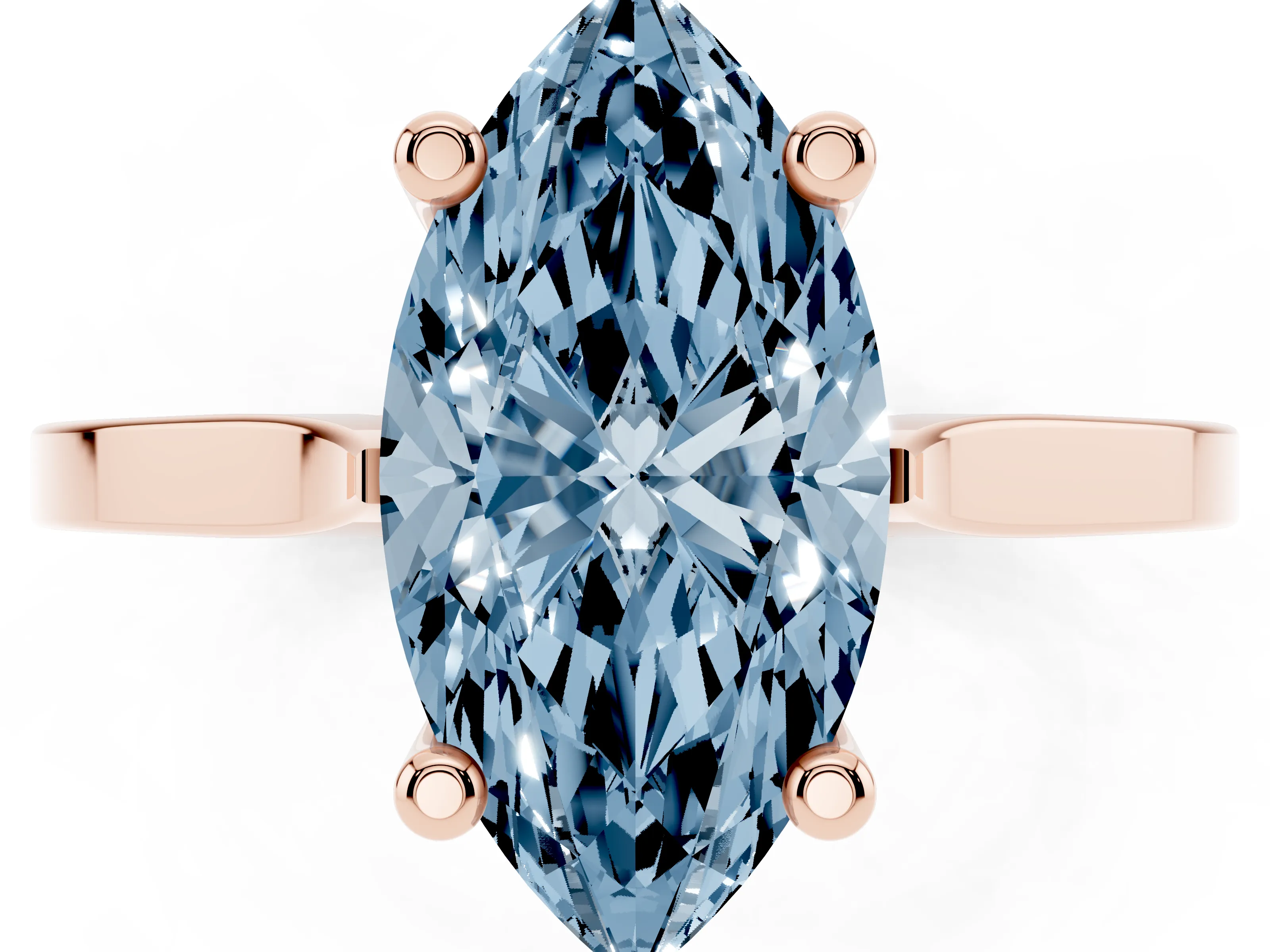 Fancy Blue Marquise Cut Diamond Solitaire Ring Set in Rose gold with Prong Setting and Tapered Band