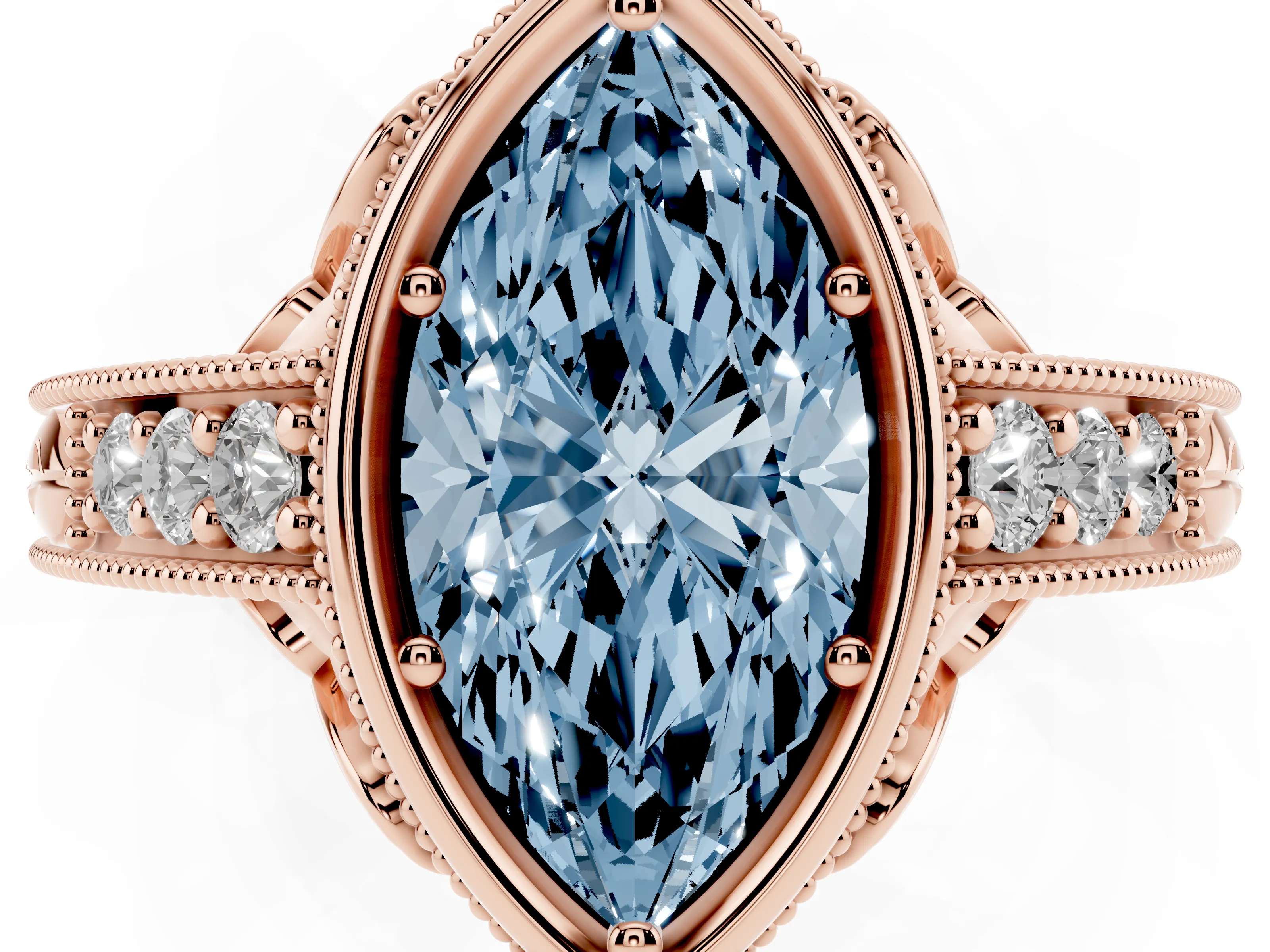 Fancy Blue Bezel Set Marquise Cut Diamond Milgrain Pavé Engagement Ring Set in Rose gold