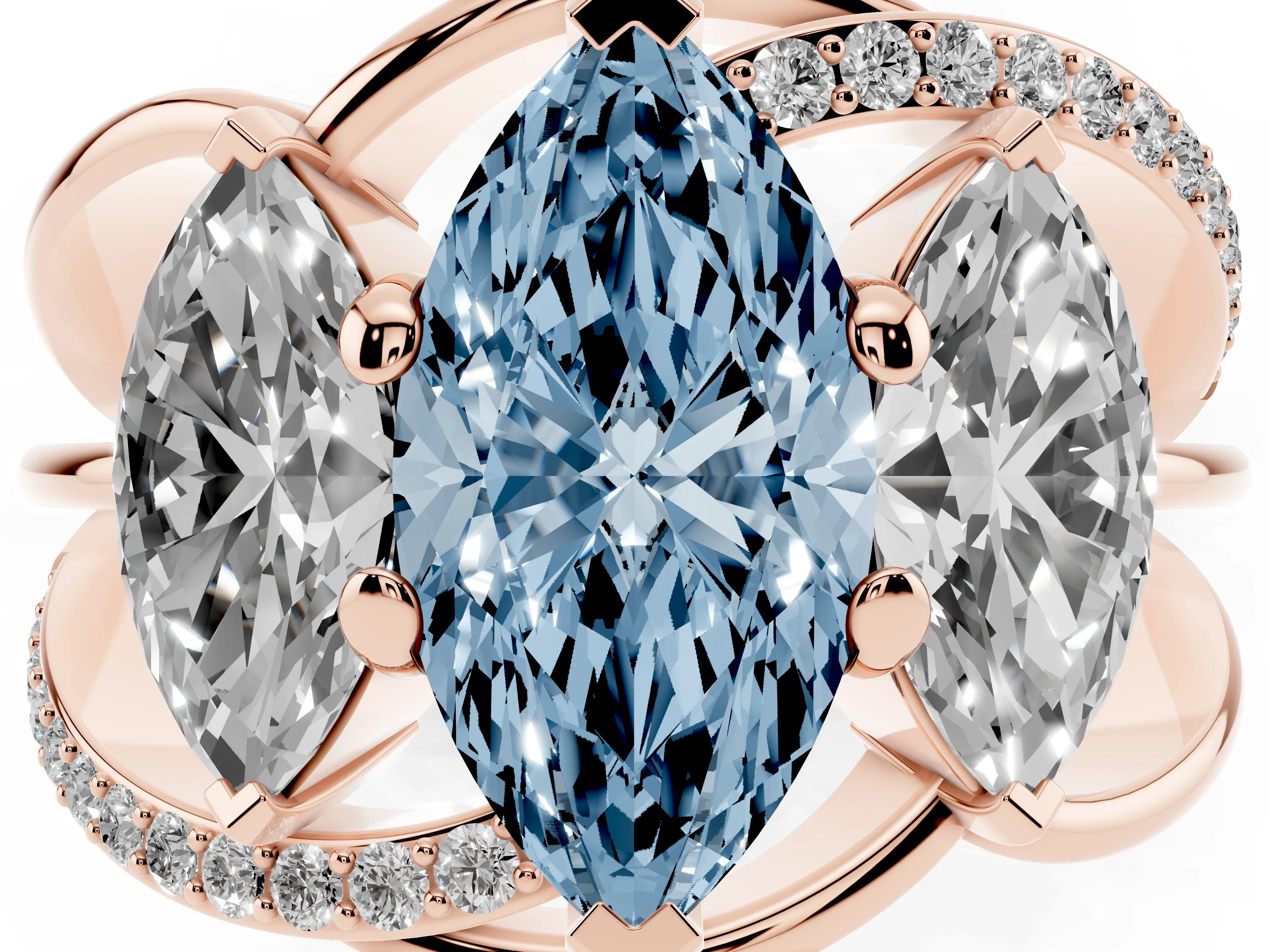Fancy Blue Marquise Cut Diamond Three-Stone Ring Set in Rose gold with Split Shank and Prong Setting