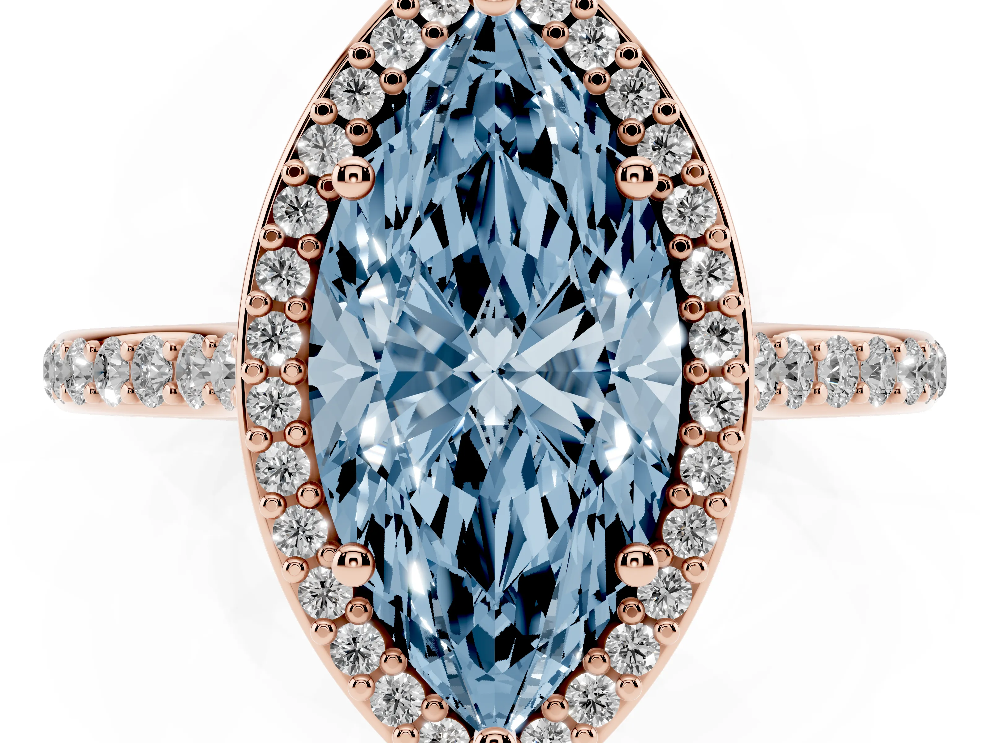 Fancy Blue Marquise Cut Diamond Halo Engagement Ring Set in Rose gold with Round Pavé Shoulders and Heart Gallery