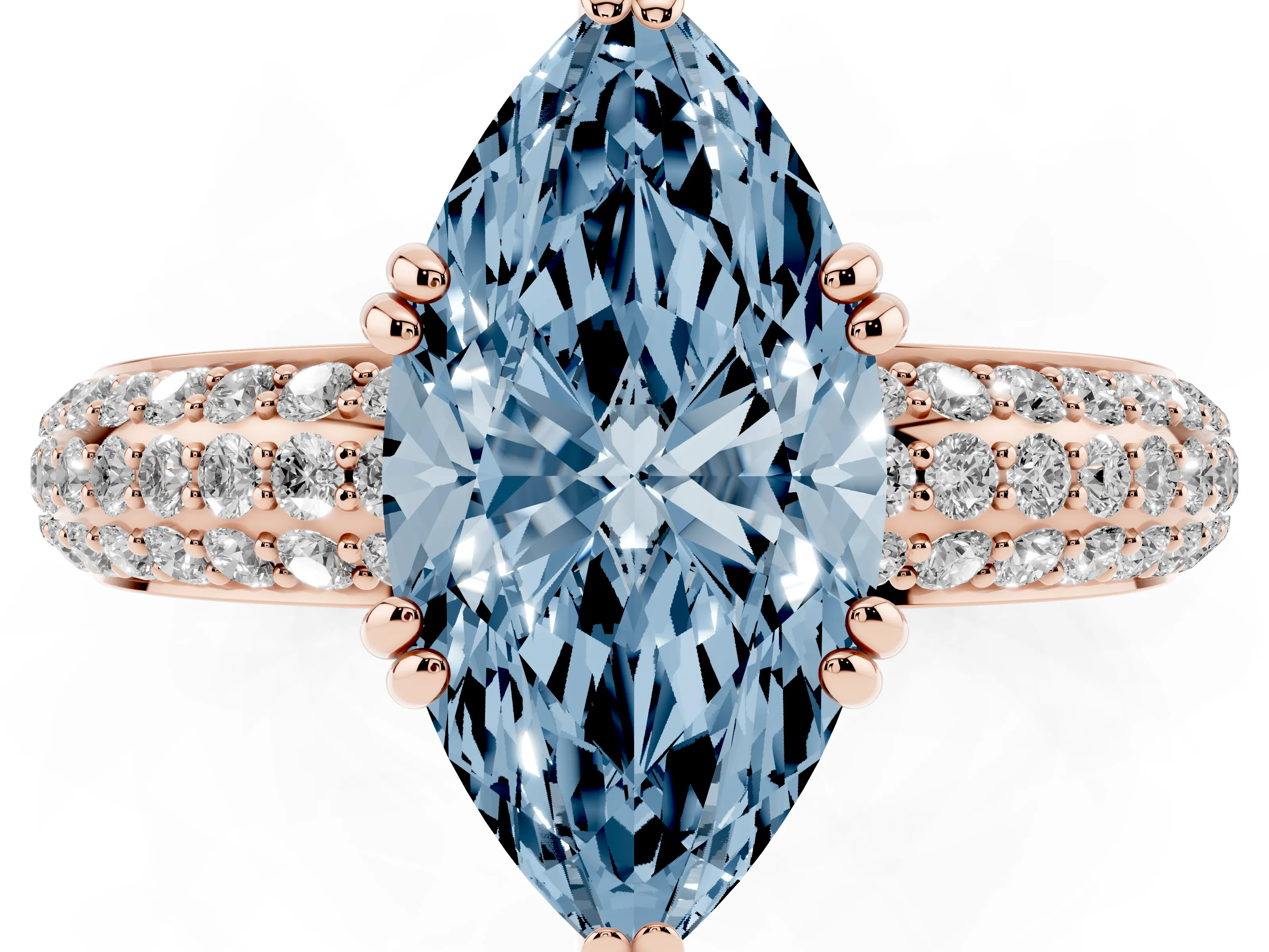 Fancy Blue Marquise Cut Diamond Solitaire Ring Set in Rose gold with Multi-Row Round Pavé Band and Prong Setting