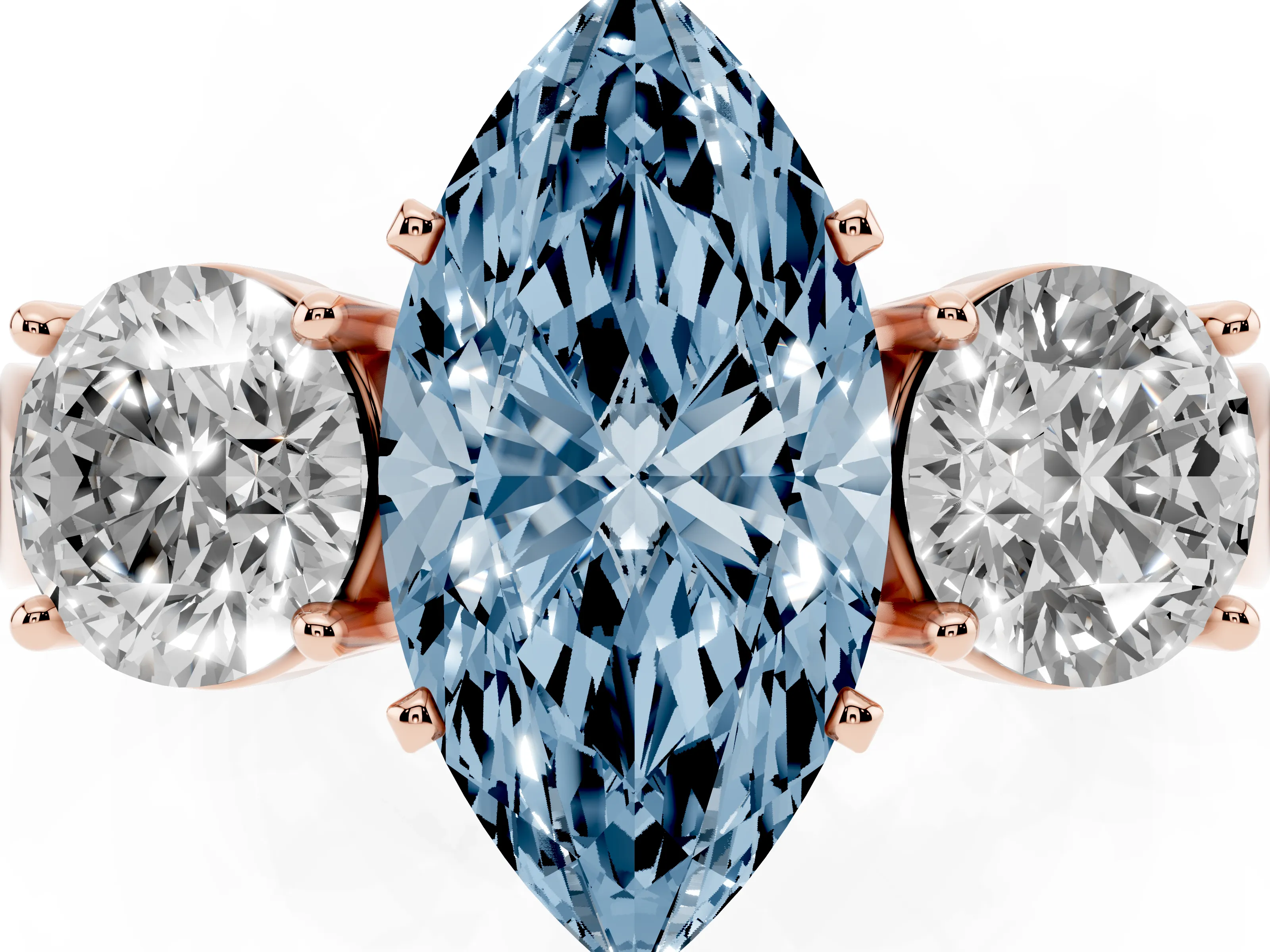 Fancy Blue Marquise Cut Diamond Three-Stone Ring Set in Rose gold with Round Side Stones and Classic Band