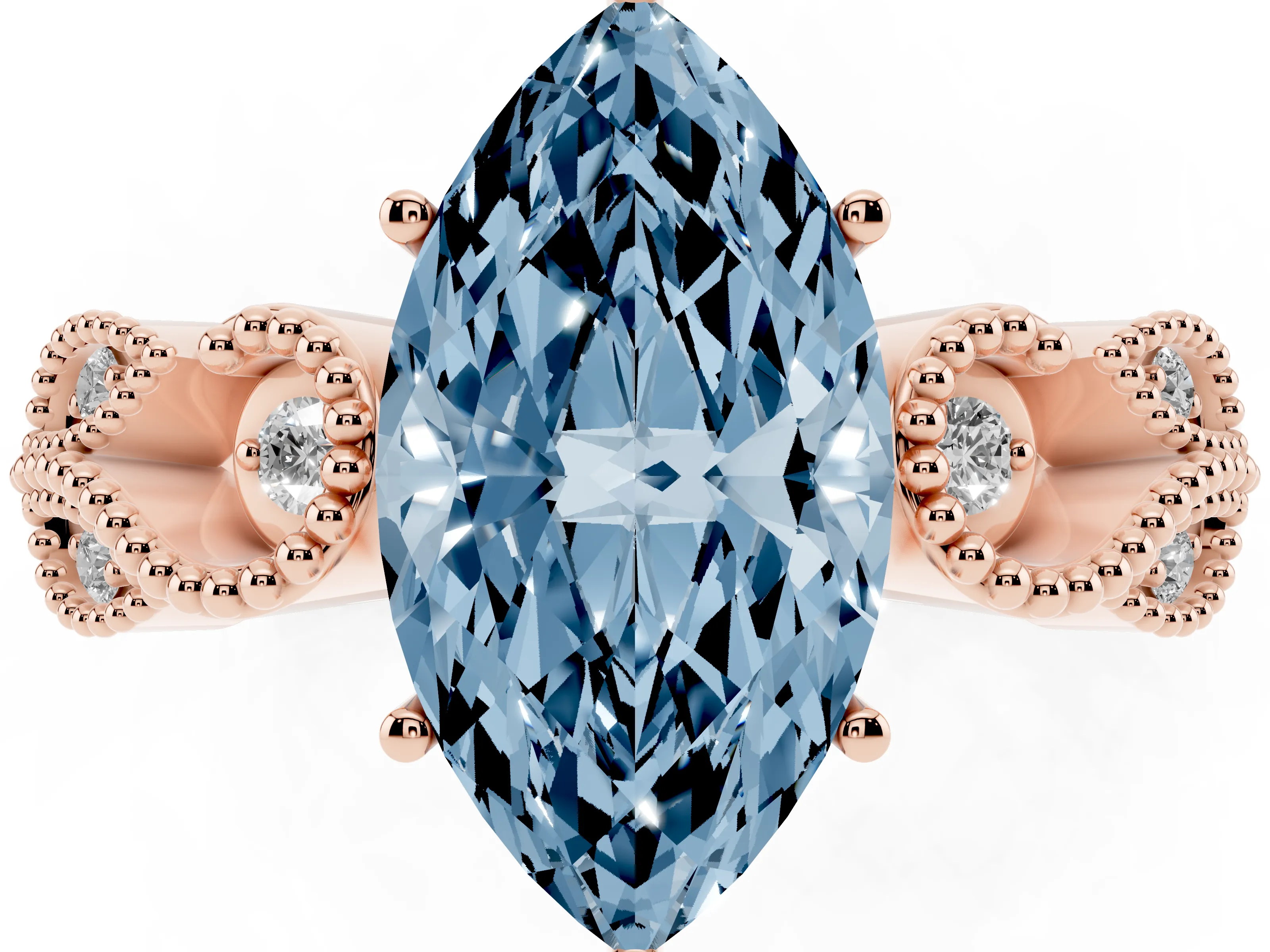 Fancy Blue Marquise Cut Diamond Milgrain Leaf Band Solitaire Ring Set in Rose gold with Accent Stones and Prong Setting