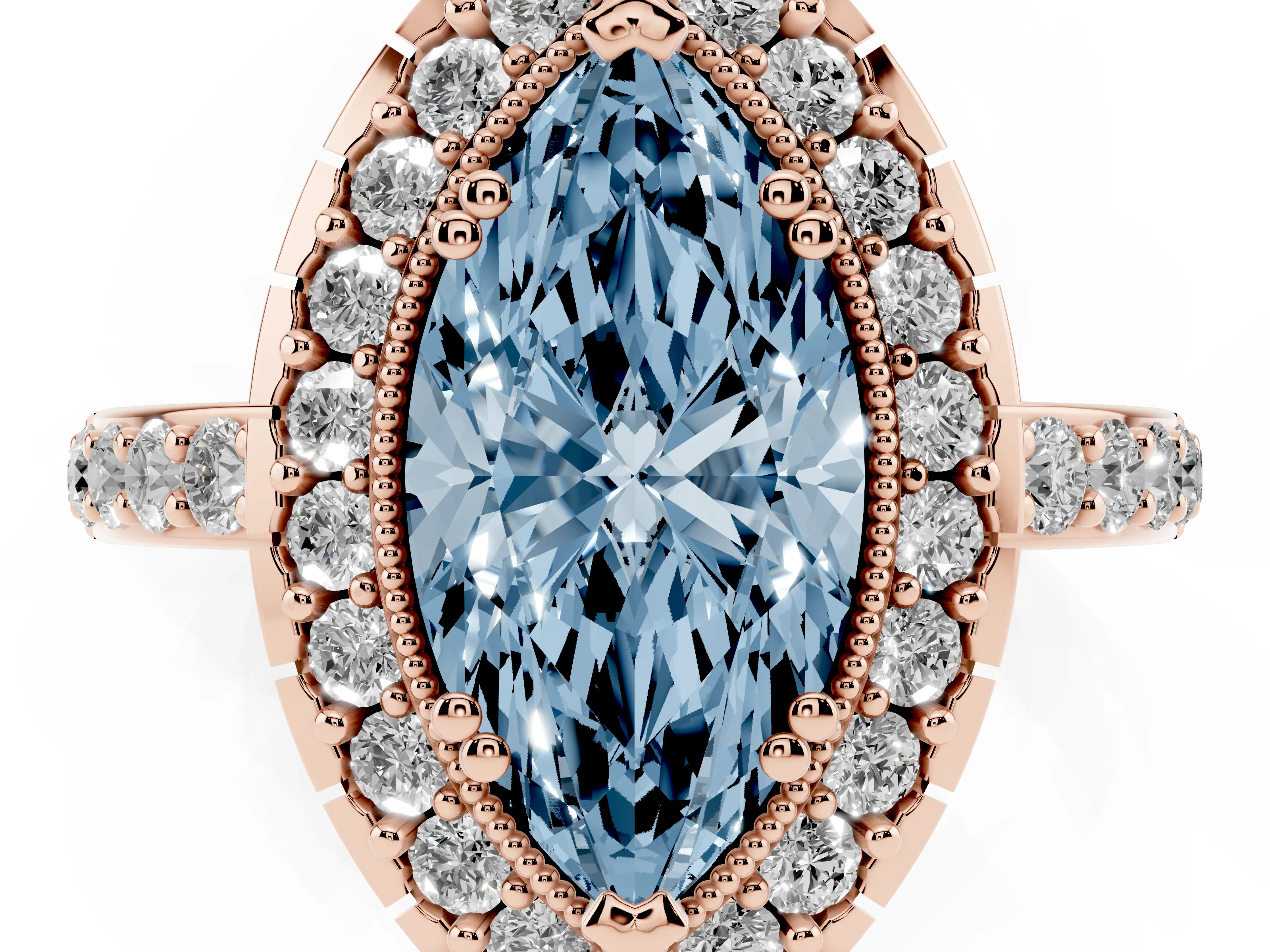 Fancy Blue Marquise Cut Diamond Halo Ring Set in Rose gold with Pavé Shank and Prong Setting