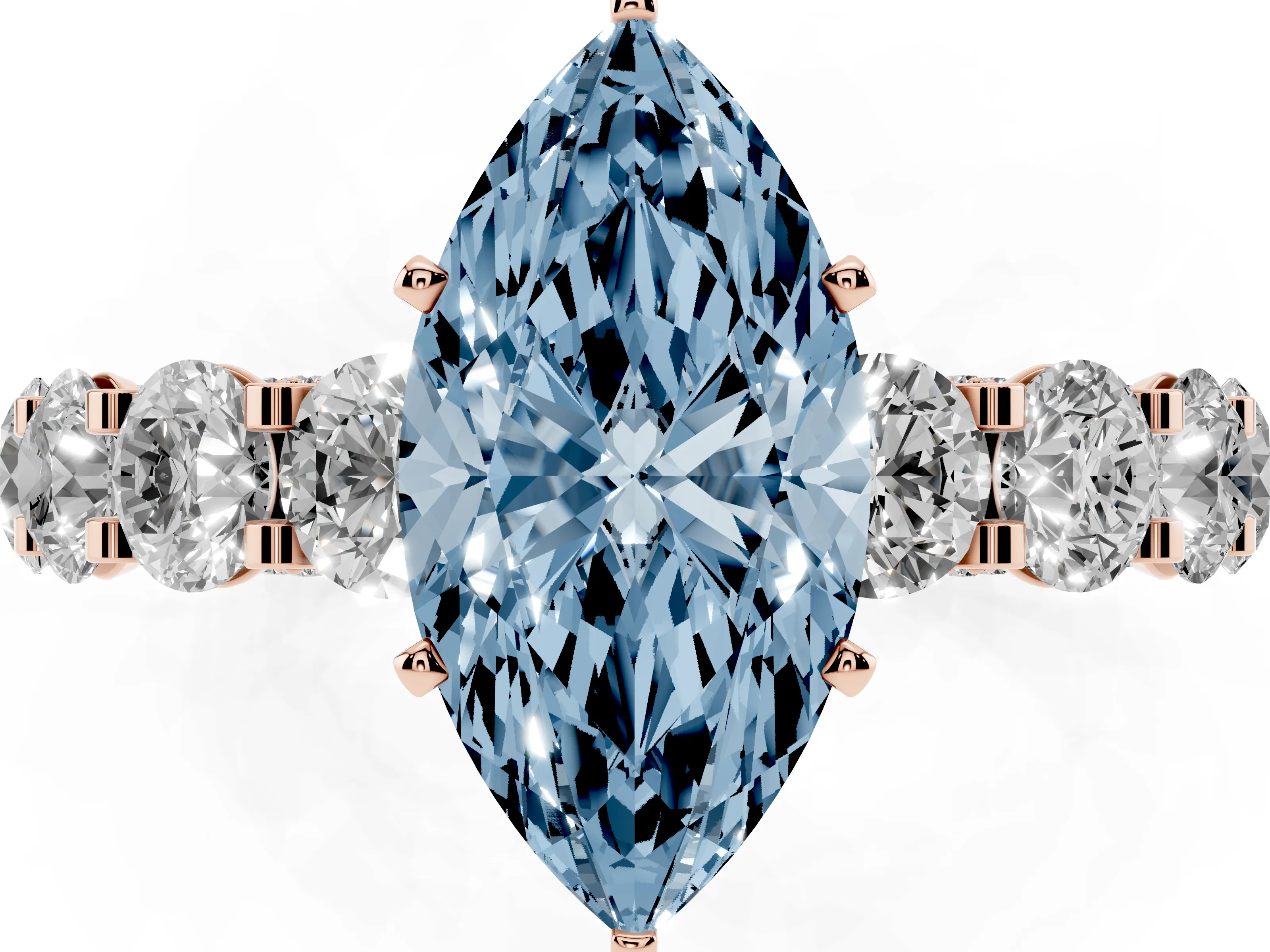 Fancy Blue Marquise Cut Diamond Side Stone Ring Set in Rose gold with Alternating Round and Oval Side Stones