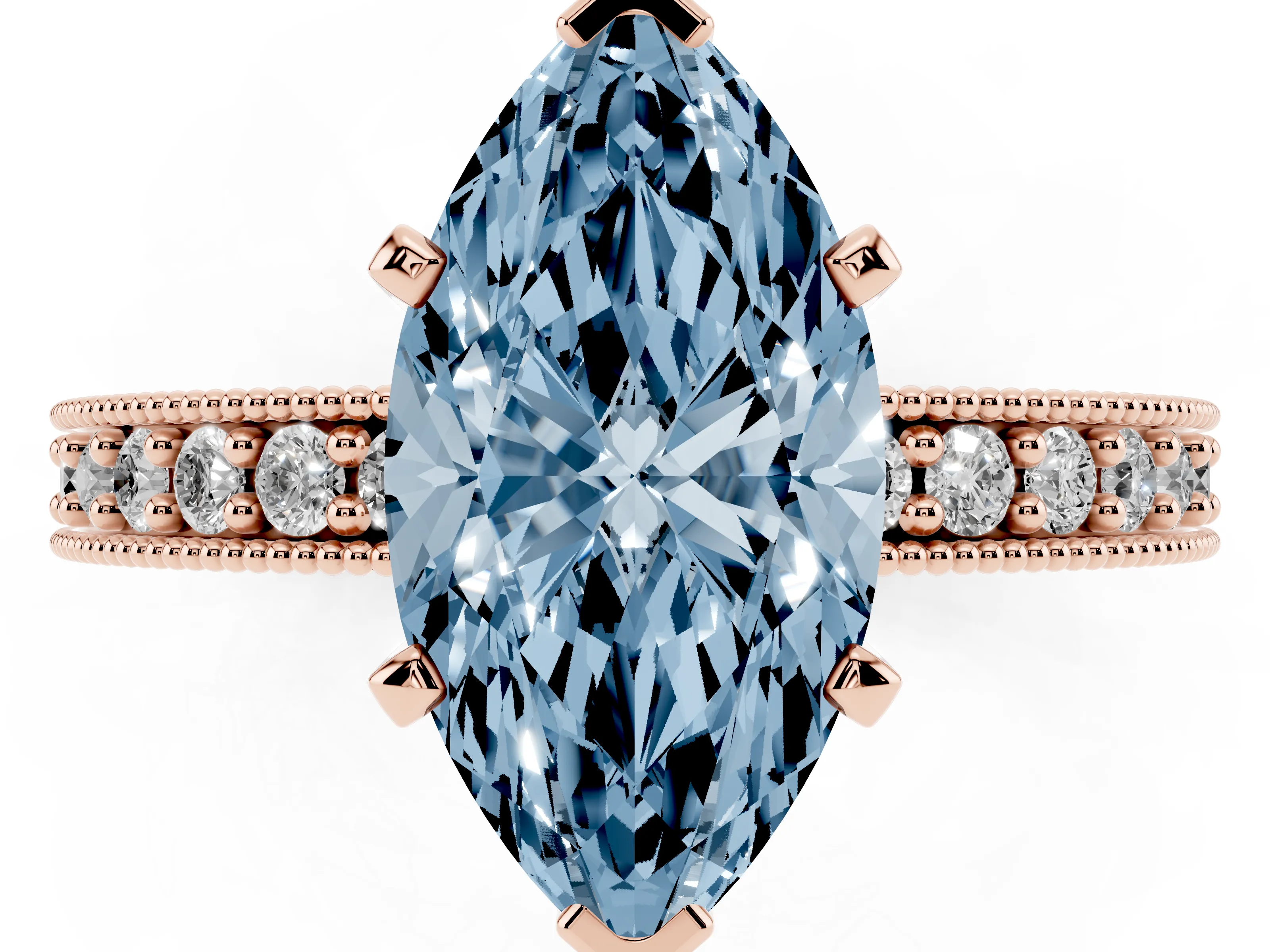 Fancy Blue Marquise Cut Diamond Milgrain Pavé Engagement Ring Set in Rose gold with Prong Setting