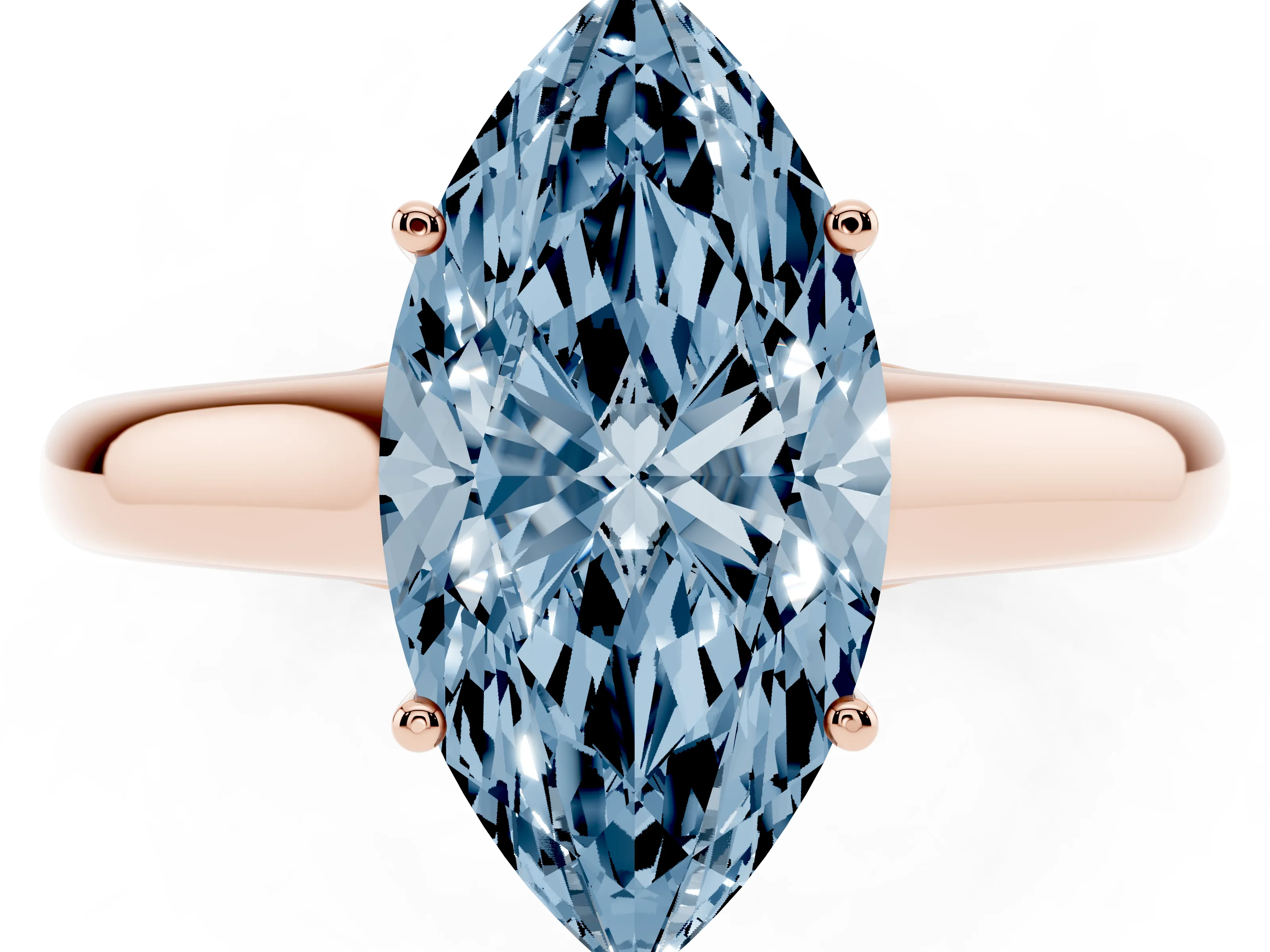 Fancy Blue Marquise Cut Diamond Solitaire Engagement Ring Set in Rose gold with Subtly Tapered Band and Prong Setting