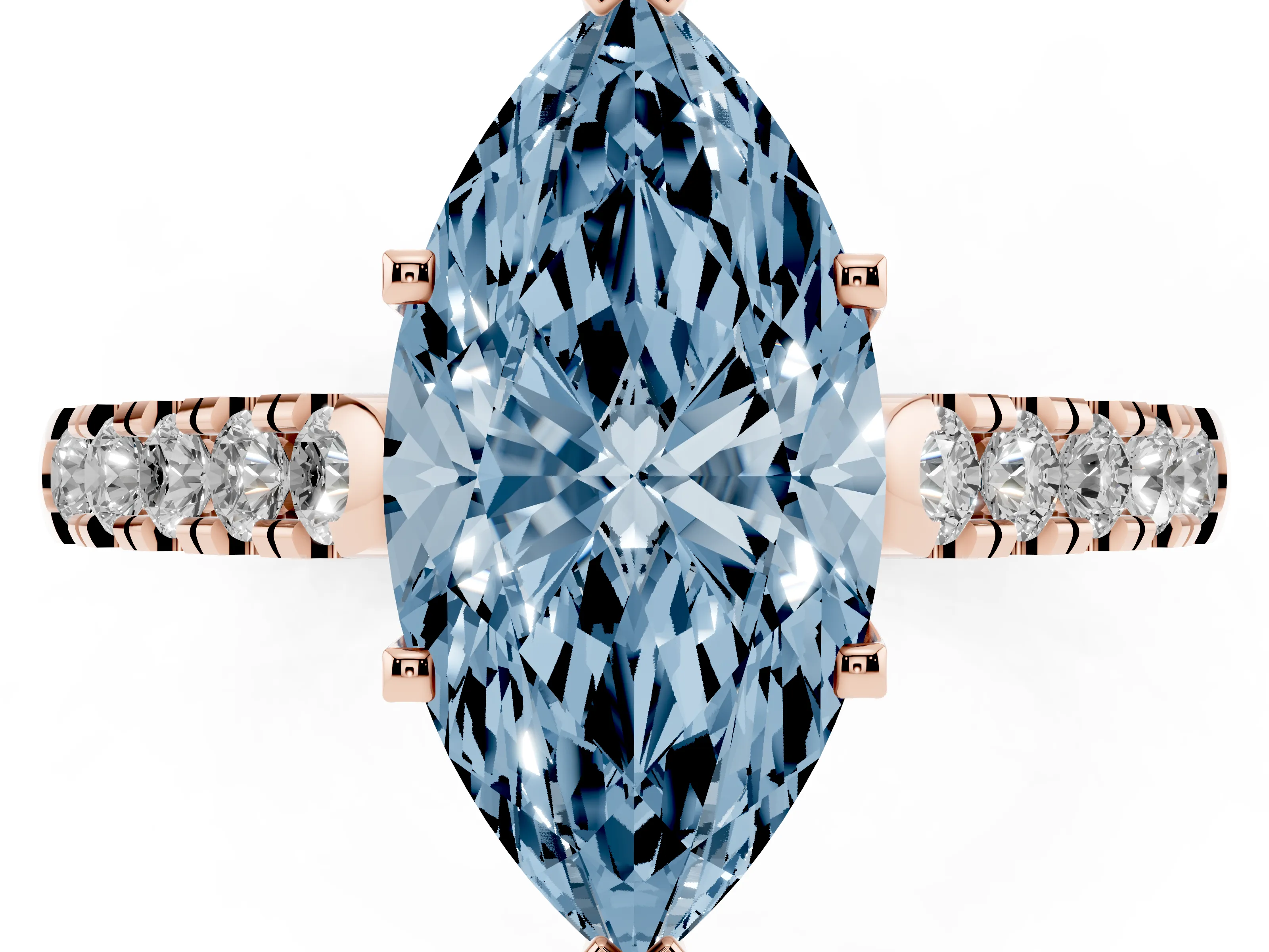 Fancy Blue Marquise Cut Diamond Pavé Band Solitaire Ring Set in Rose gold with Partway Accent Stones and Prong Setting