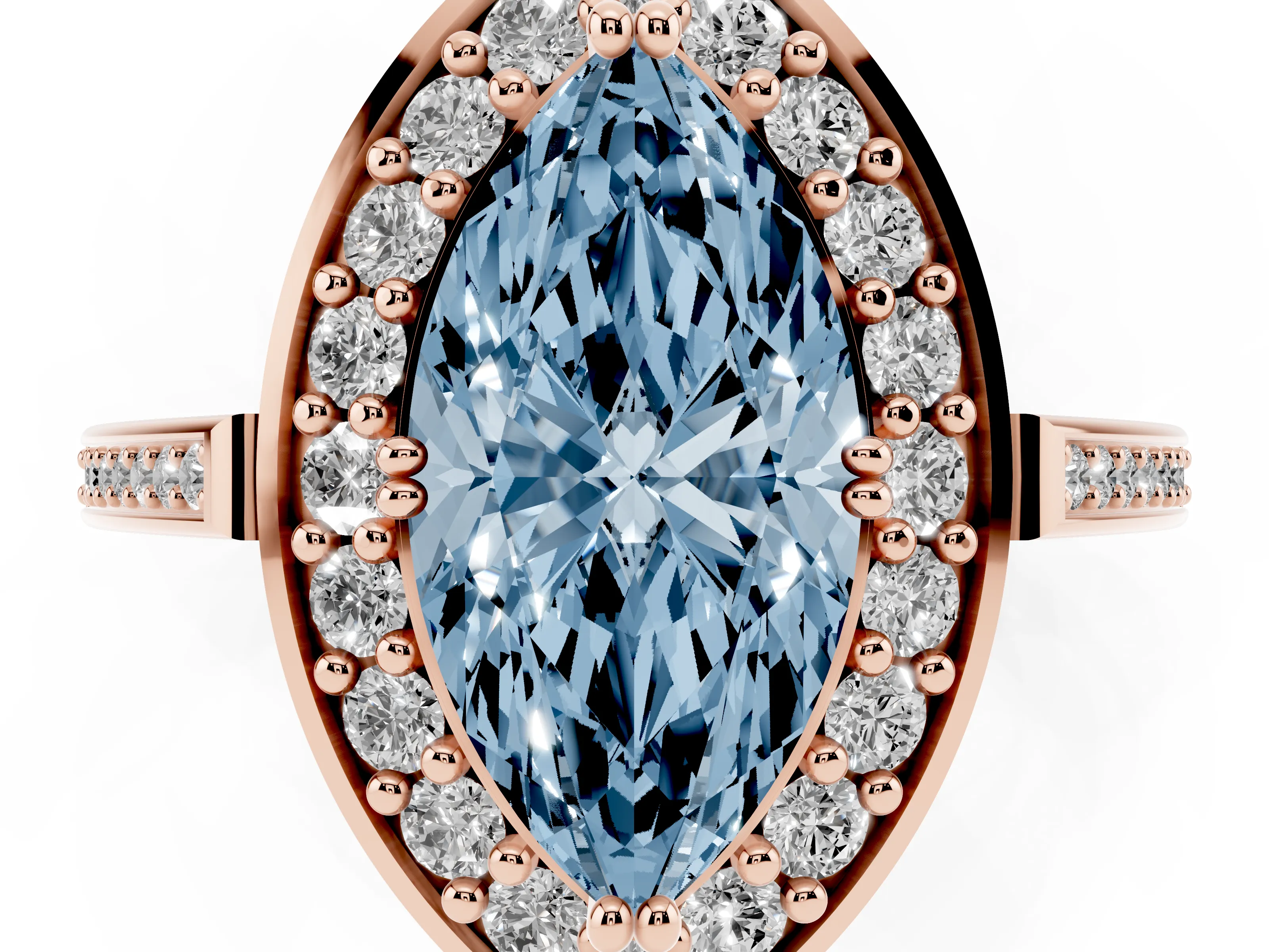 Fancy Blue Marquise Cut Diamond Halo Ring Set in Rose gold with Accent-Lined Split Shank and Prong Setting