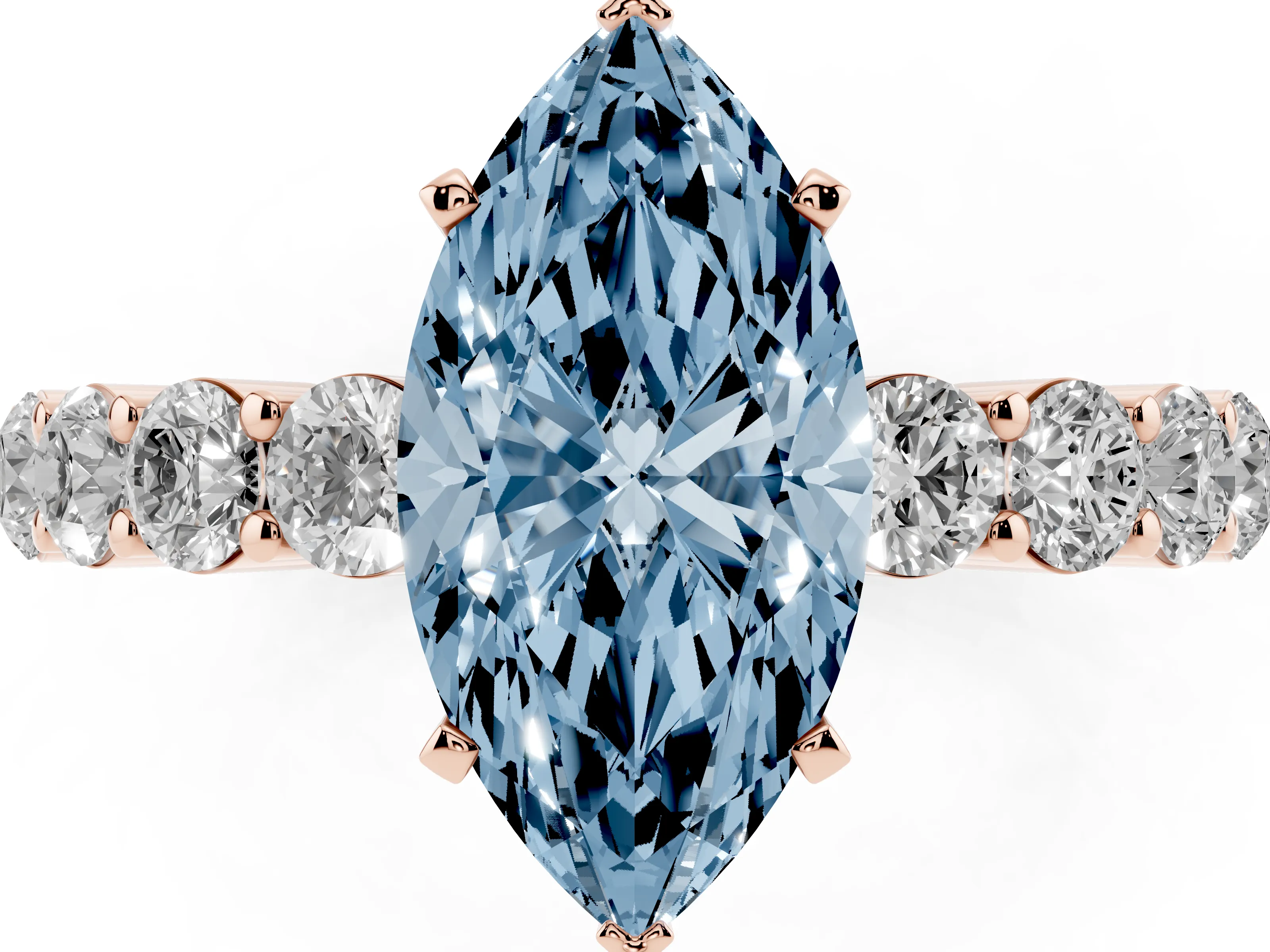 Fancy Blue Marquise Cut Diamond Solitaire Ring Set in Rose gold with Shared Prong Round Side Stones