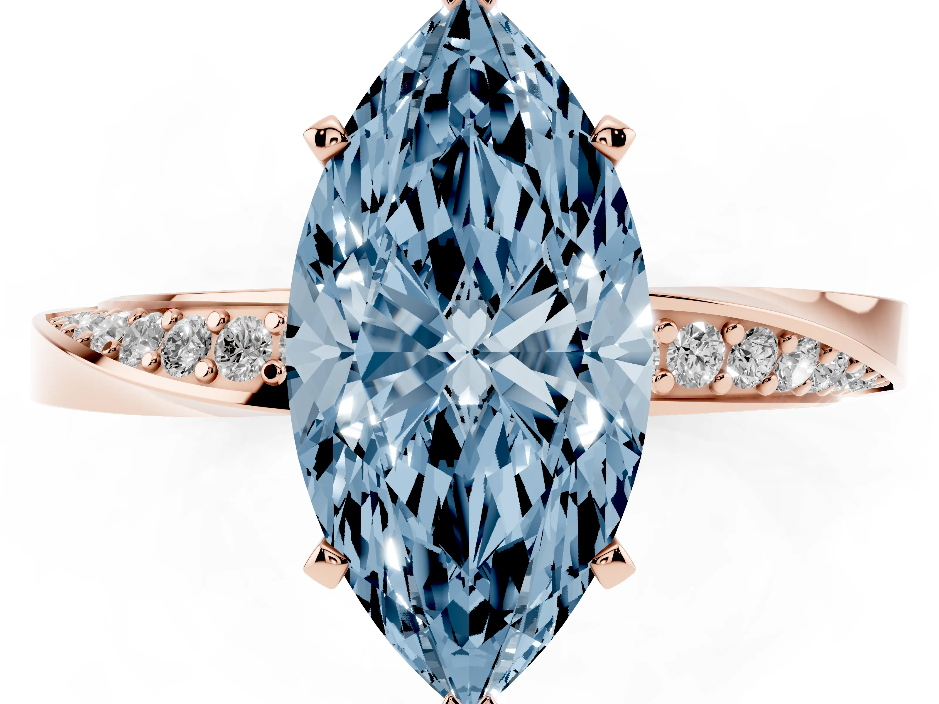 Fancy Blue Marquise Cut Diamond Engagement Ring Set in Rose gold with Side Stone Accents and Prong Setting
