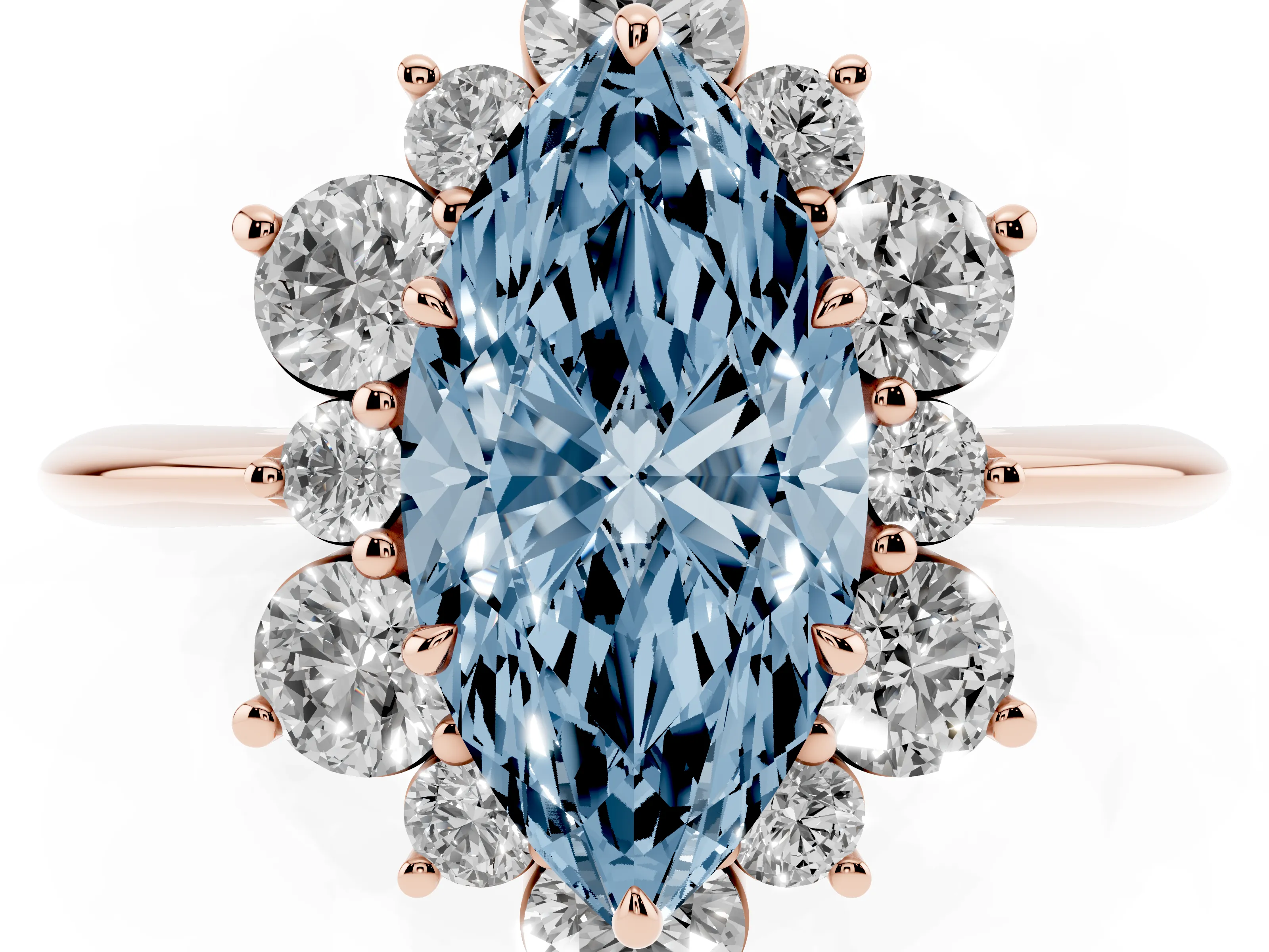 Fancy Blue Marquise Cut Diamond Cluster Halo Ring Set in Rose gold with Solitaire Band and Prong Setting