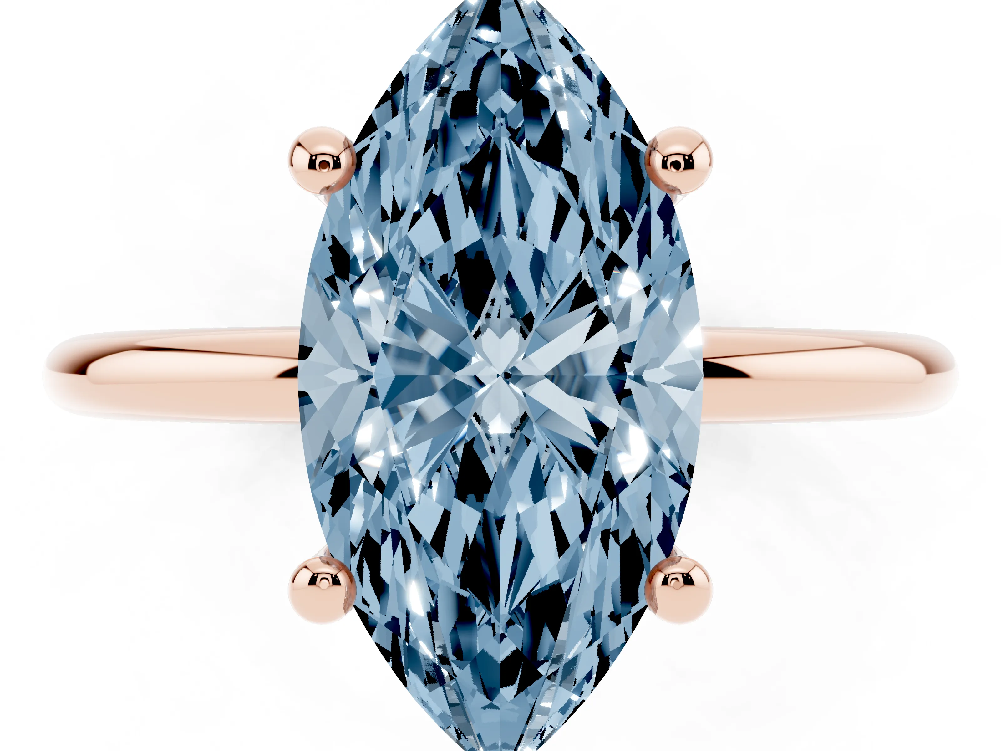 Fancy Blue Marquise Cut Diamond Solitaire Ring Set in Rose gold with Secure Prong Setting on a Classic Band