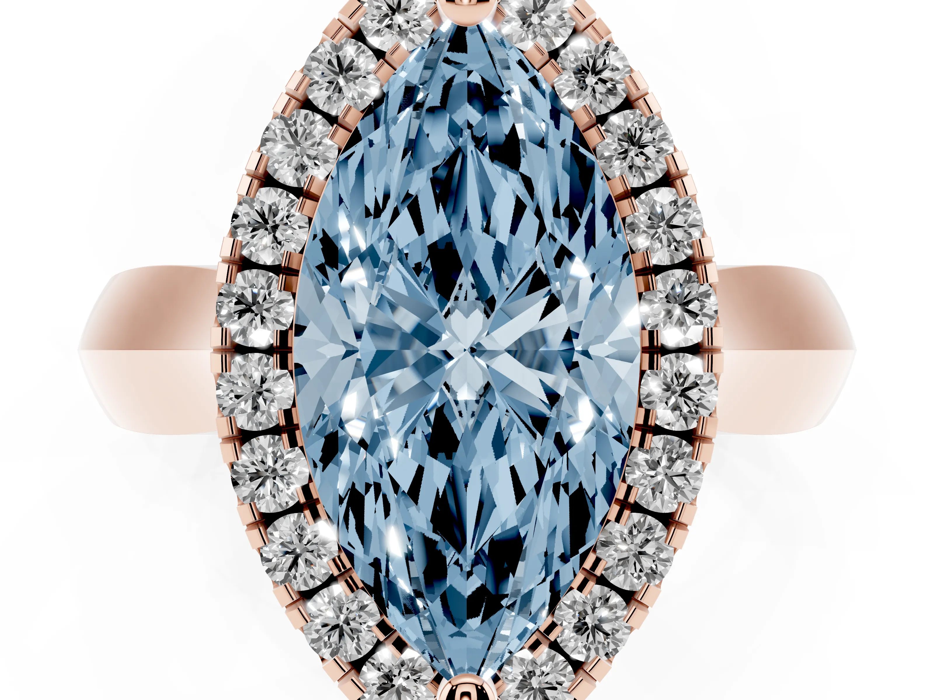 Fancy Blue Marquise Cut Diamond Halo Solitaire Engagement Ring Set in Rose gold with Square Band and Prong Setting