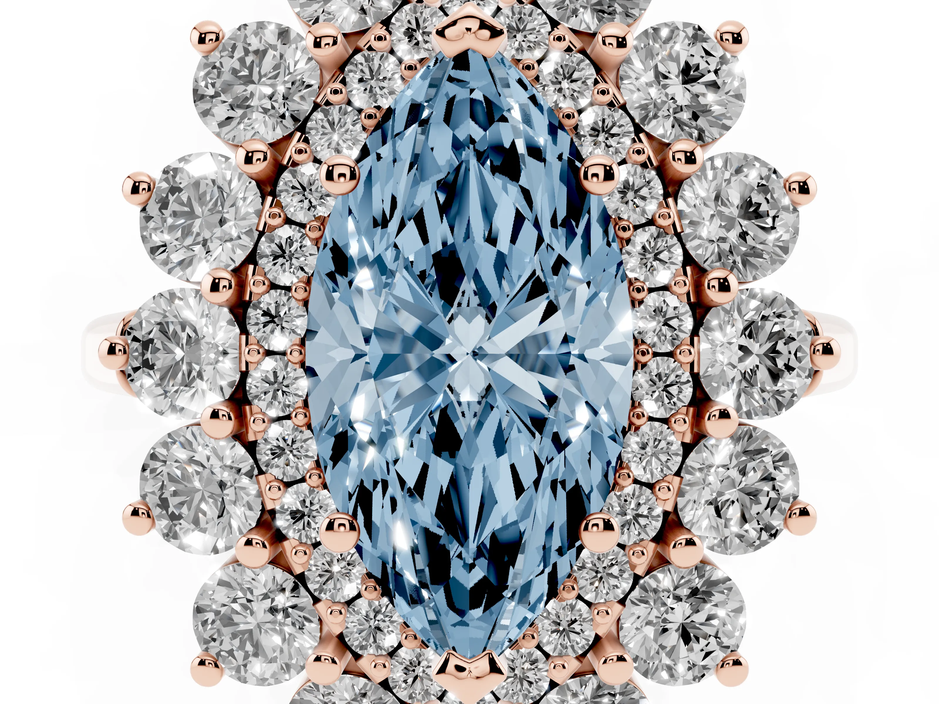 Fancy Blue Marquise Cut Diamond Floral Double Halo Ring Set in Rose gold with Round Petals