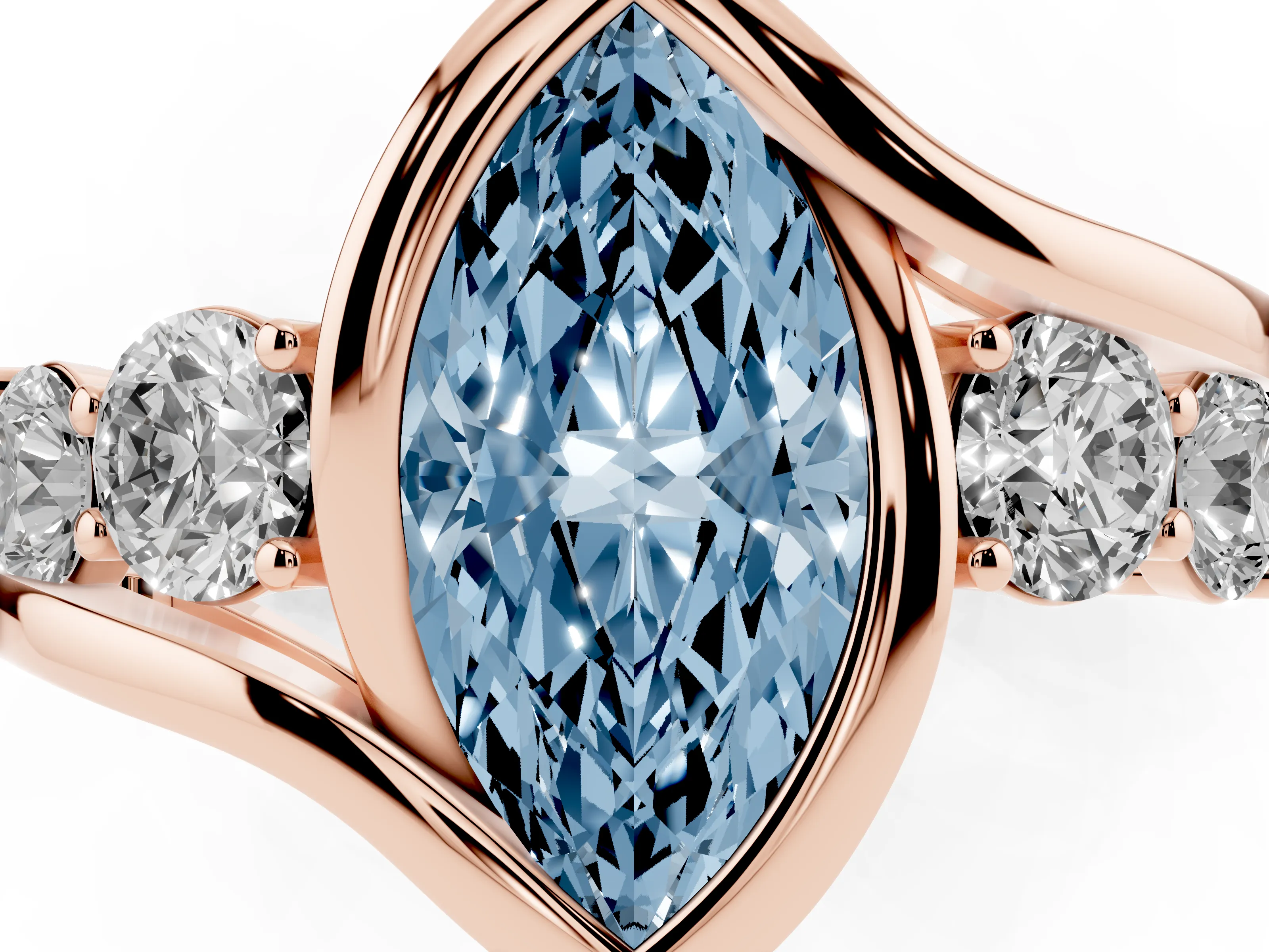 Fancy Blue Marquise Cut Diamond Bezel Bypass Ring Set in Rose gold with Round Accents