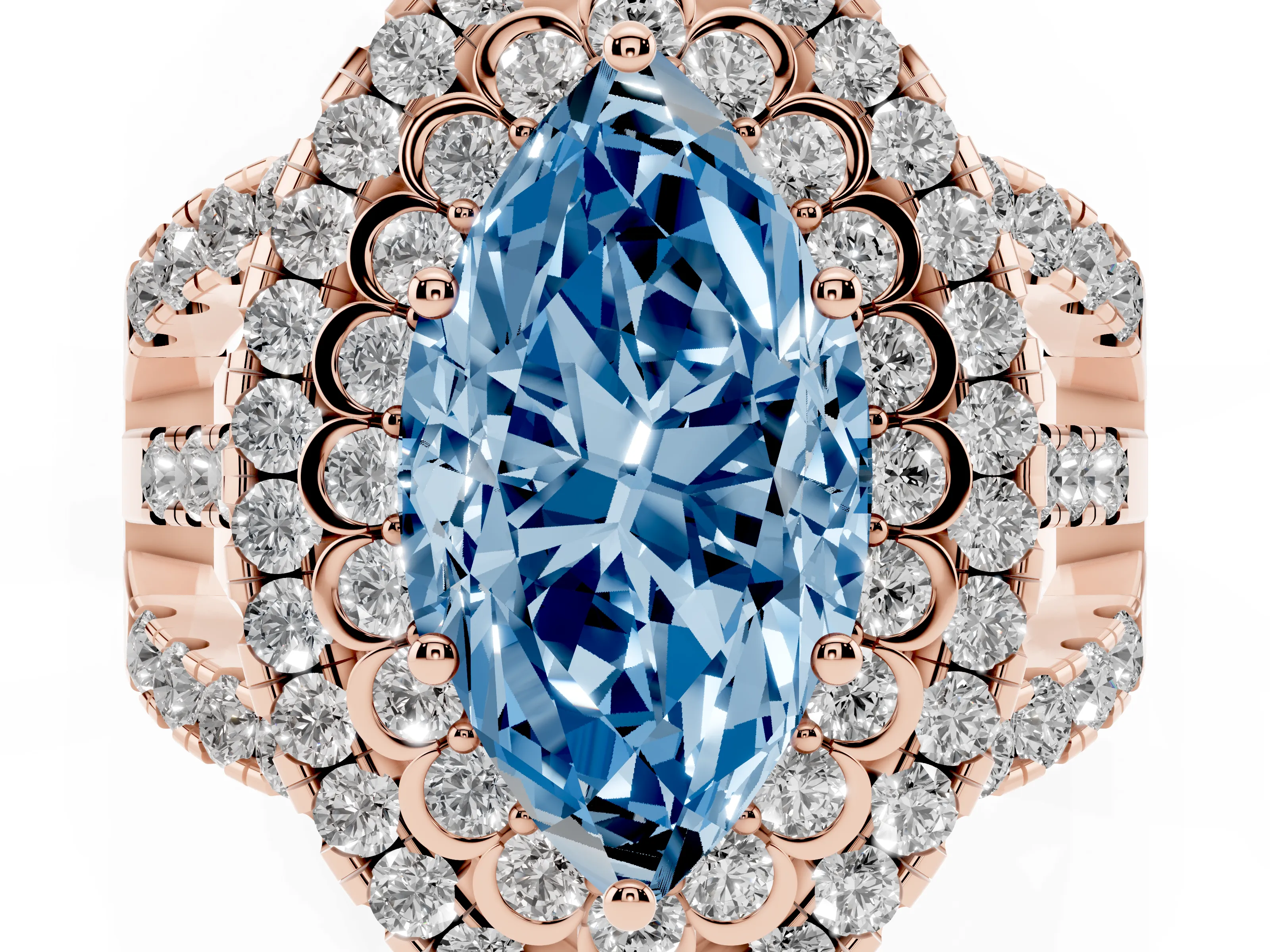 Fancy Blue Marquise Cut Diamond Double Halo Ring Set in Rose gold with Round Pavé Split Shank