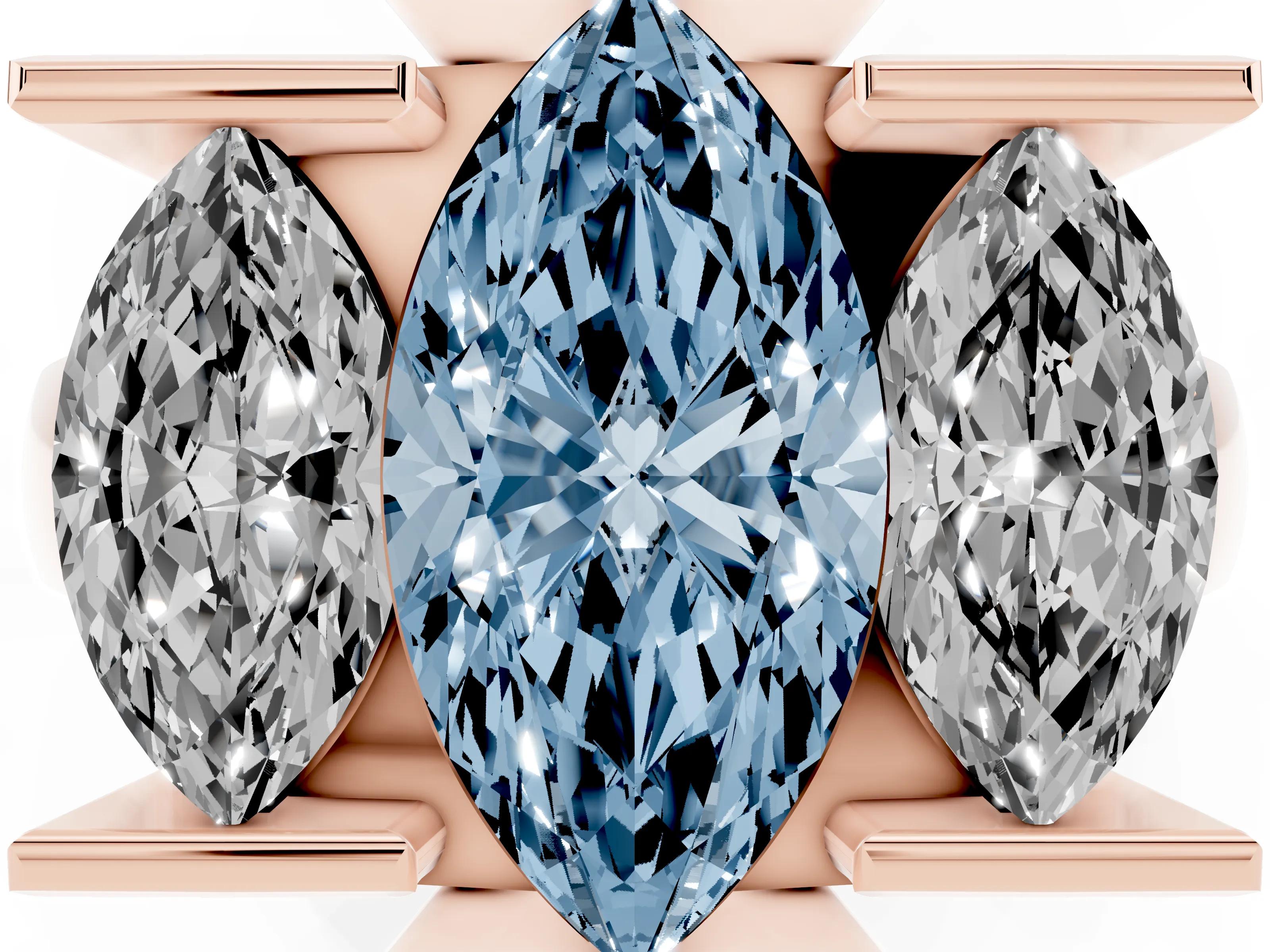 Fancy Blue Marquise Cut Diamond Three-Stone Channel Set Ring Set in Rose gold with Smooth Polished Band