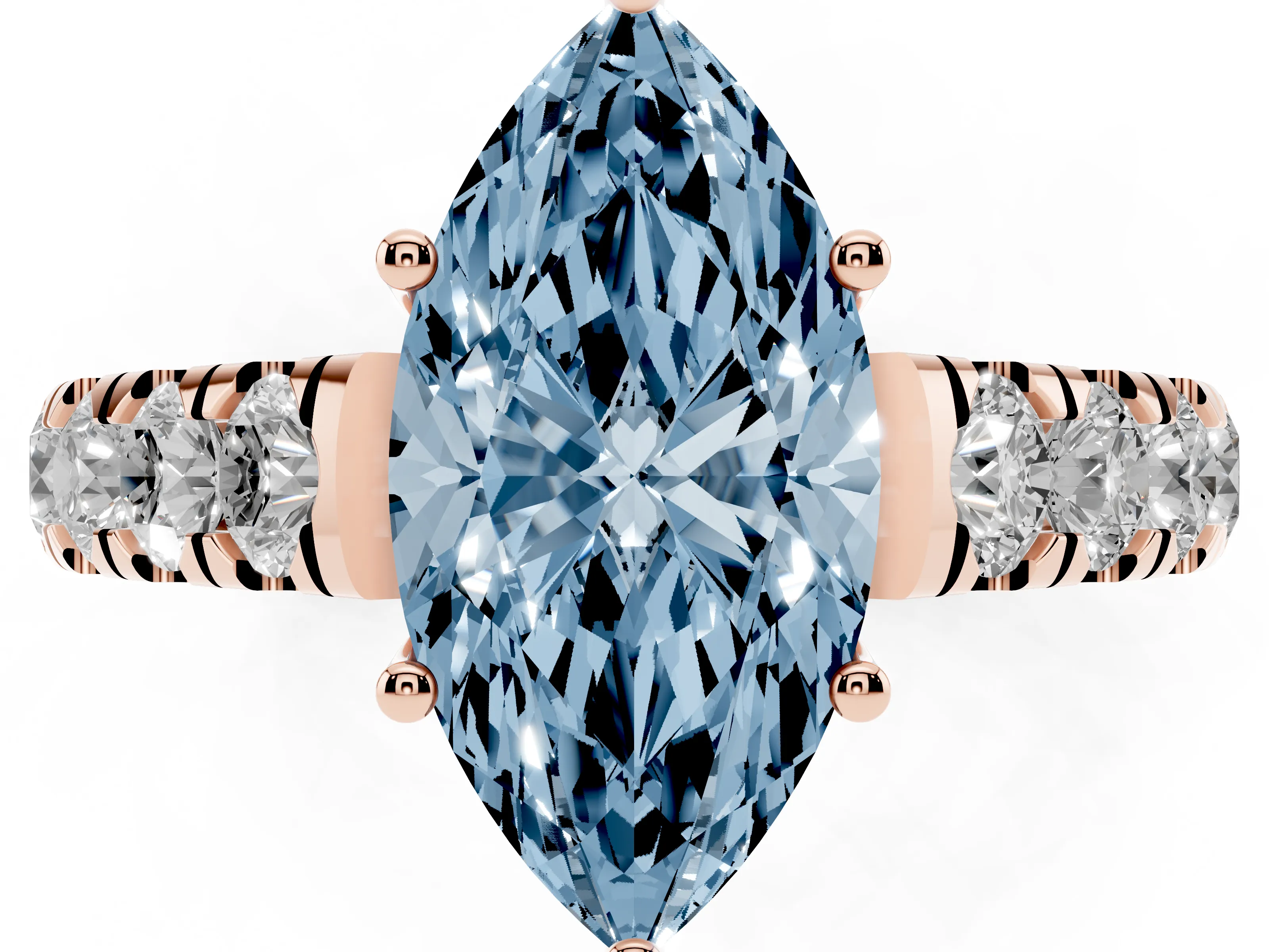 Fancy Blue Marquise Cut Diamond Solitaire Ring Set in Rose gold with Cut-Down Micro Pavé Band and Prong Setting