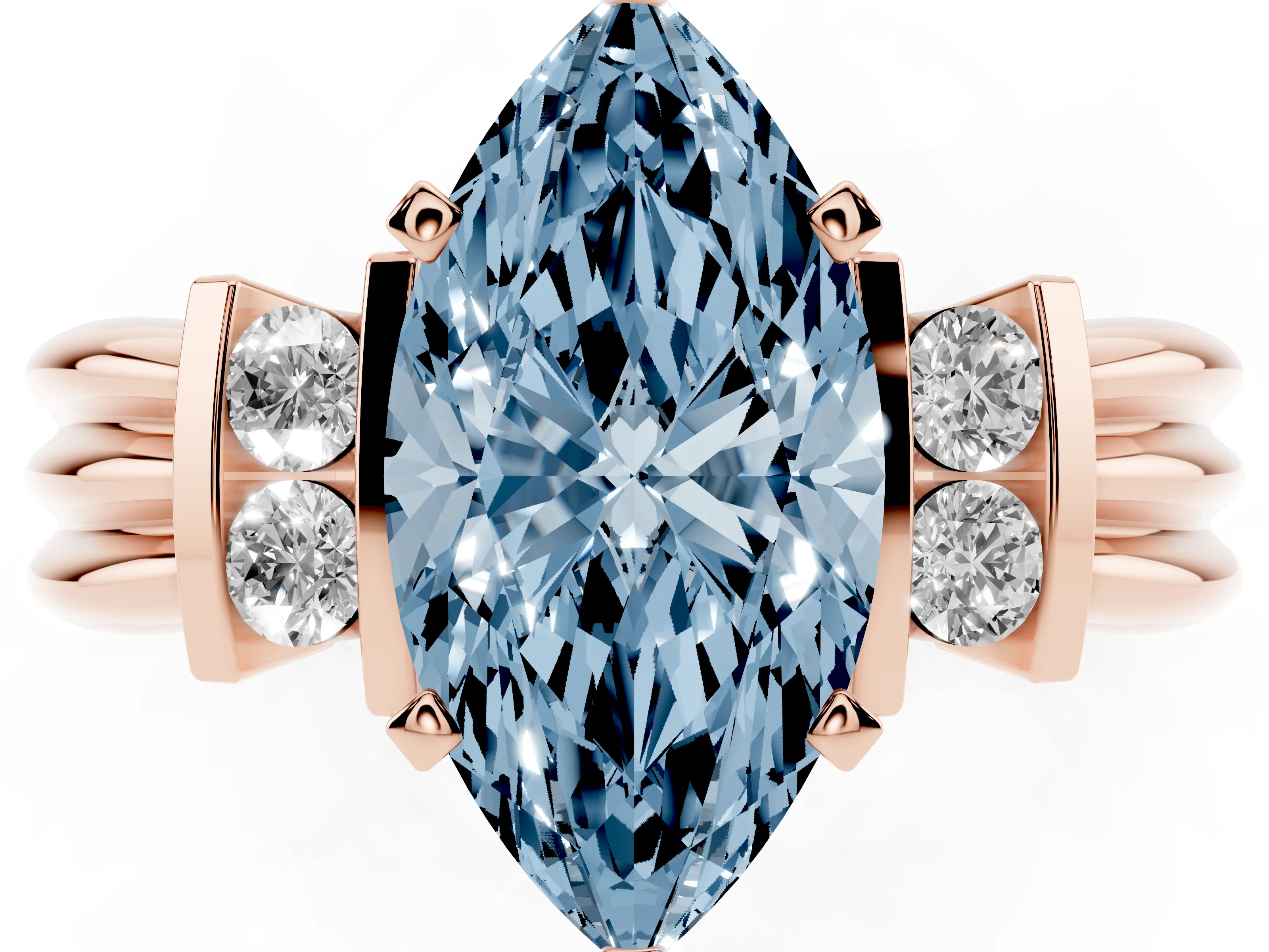 Fancy Blue Three-Stone Marquise Cut Diamond Channel Set Ring Set in Rose gold with Bar Prongs
