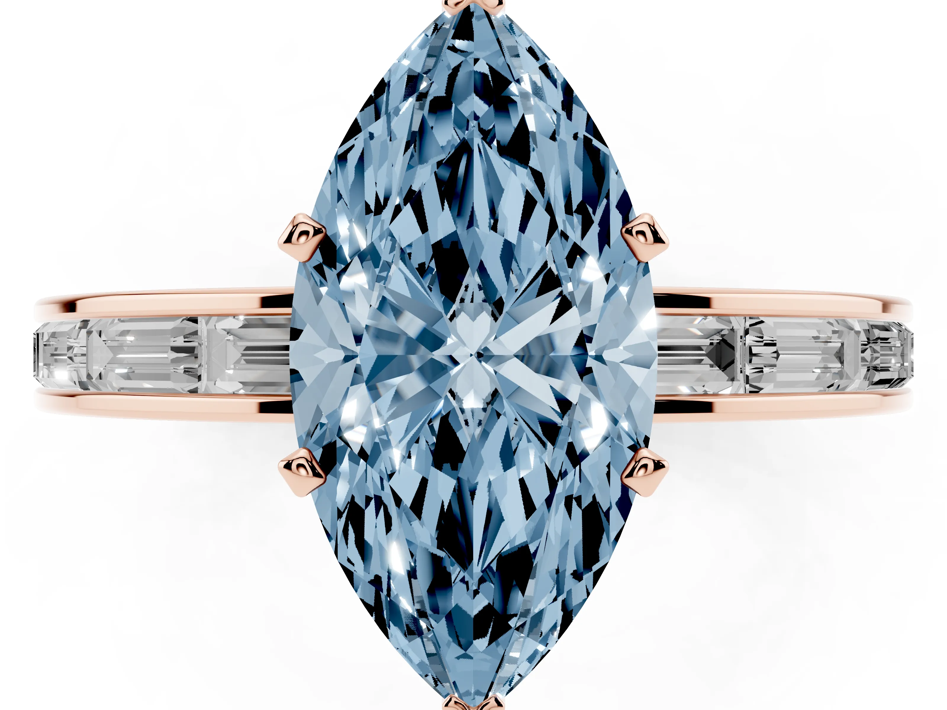 Fancy Blue Marquise Cut Diamond Solitaire Ring Set in Rose gold with Channel-Set Baguette Band and Prong Setting