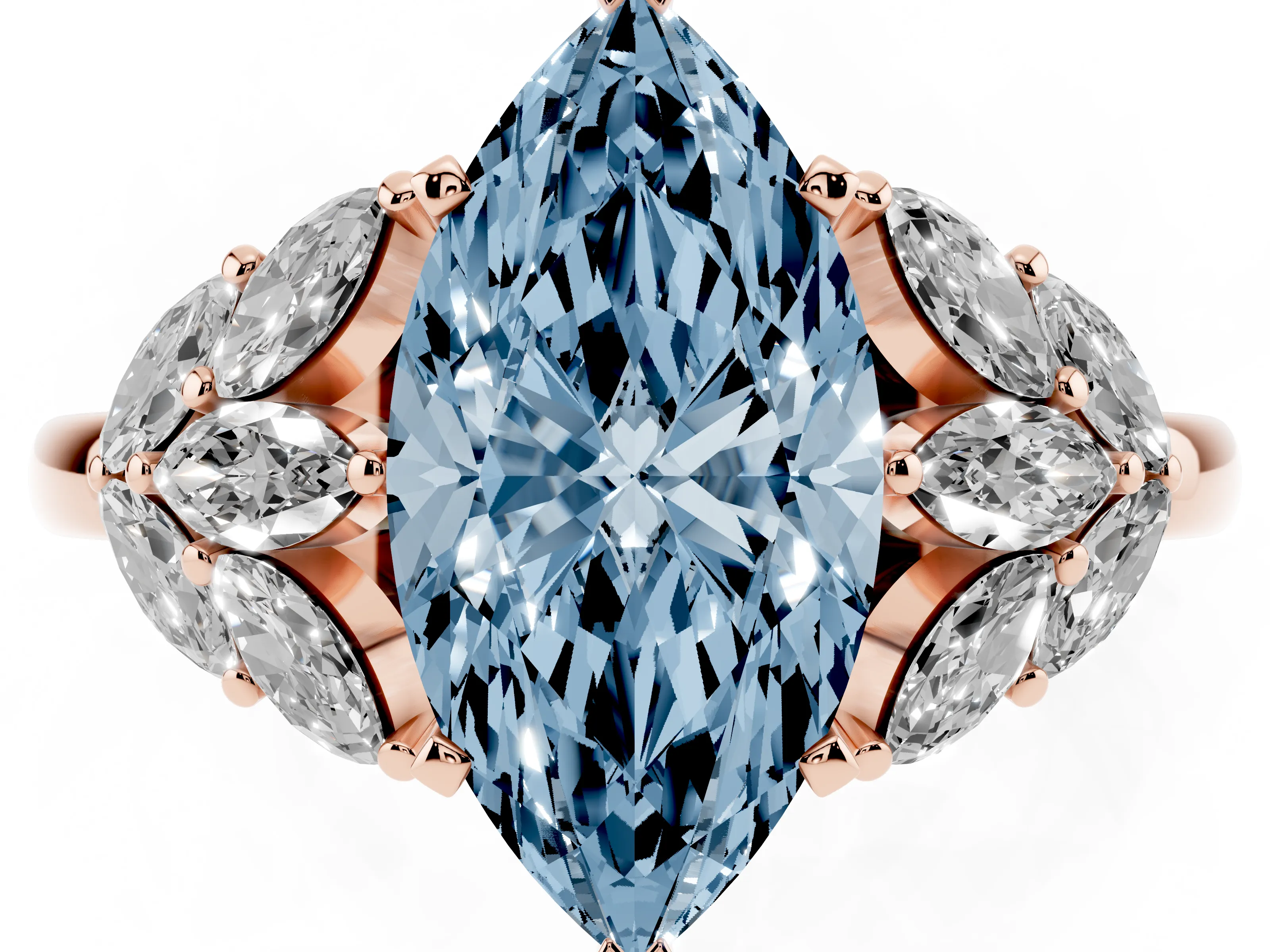 Fancy Blue Marquise Cut Diamond Cluster Leaf Design Ring Set in Rose gold with Prong Setting