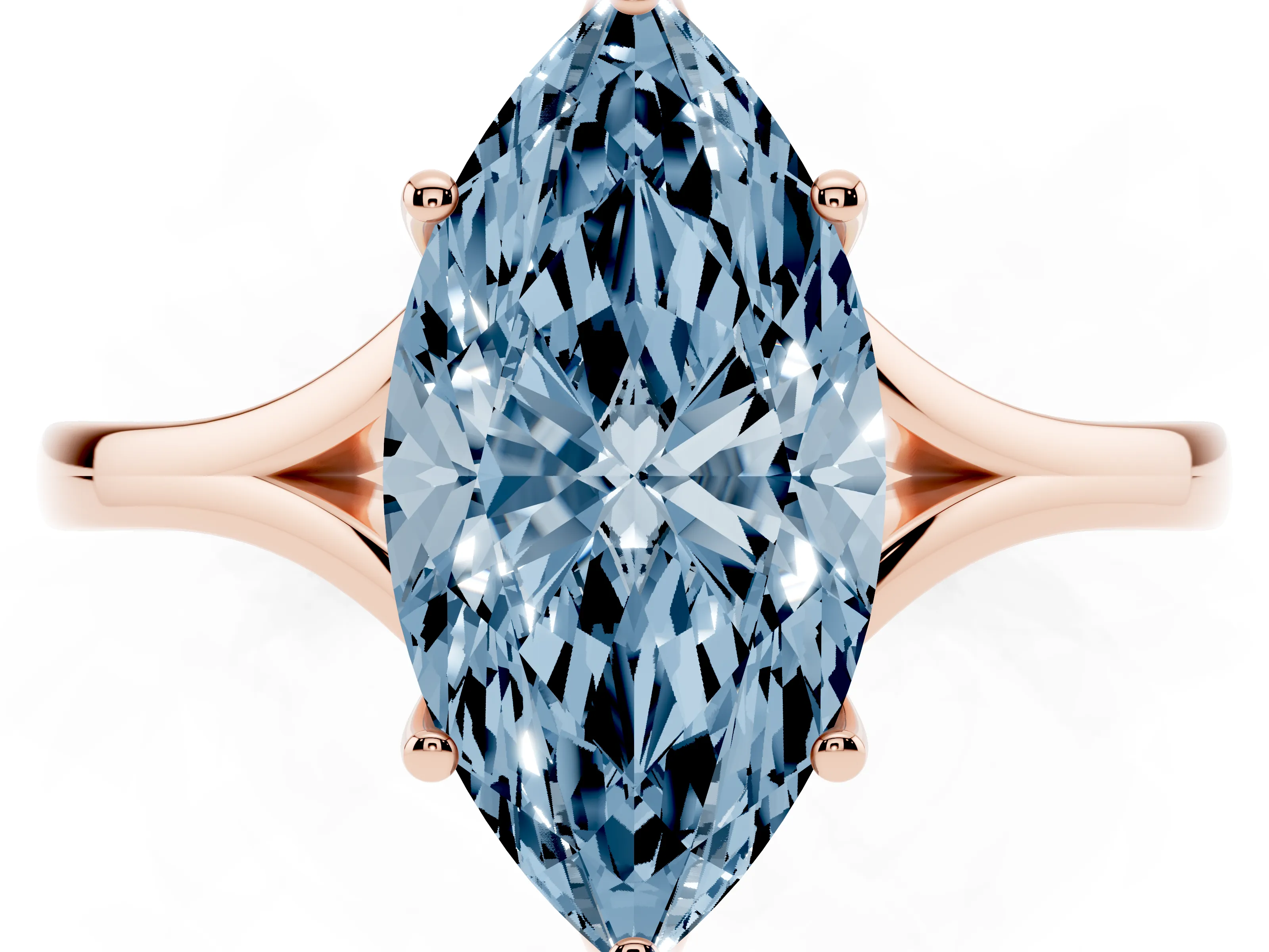 Fancy Blue Marquise Cut Diamond Solitaire Ring Set in Rose gold with Polished Tapered Band and Prong Setting