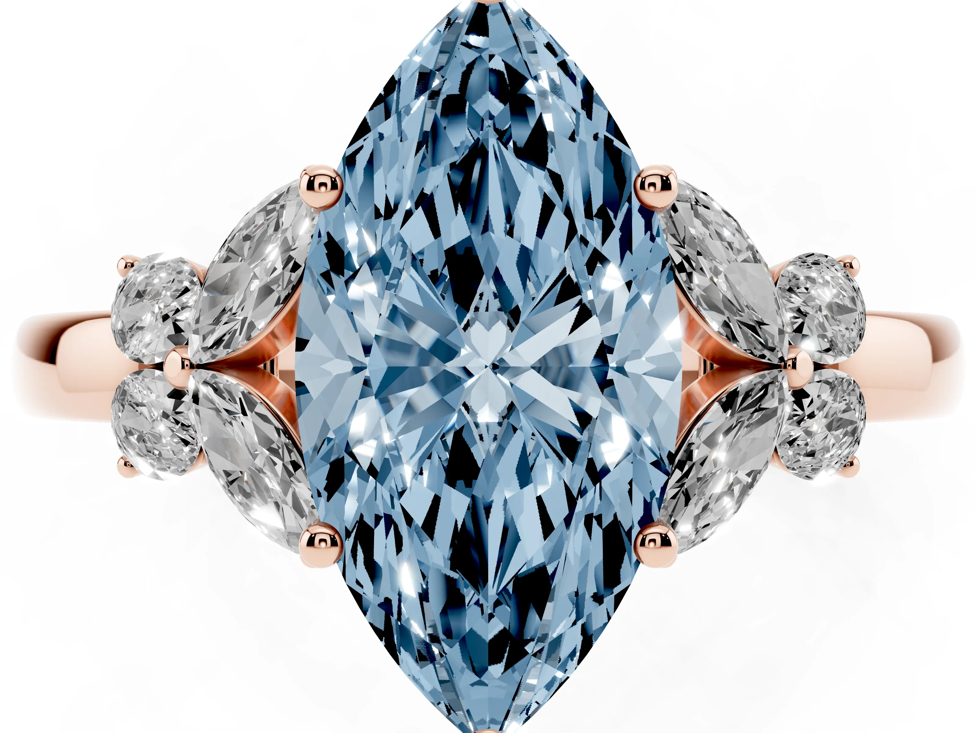 Fancy Blue Marquise Cut Diamond Solitaire Floral Ring Set in Rose gold with Marquise Petals and Prong Setting