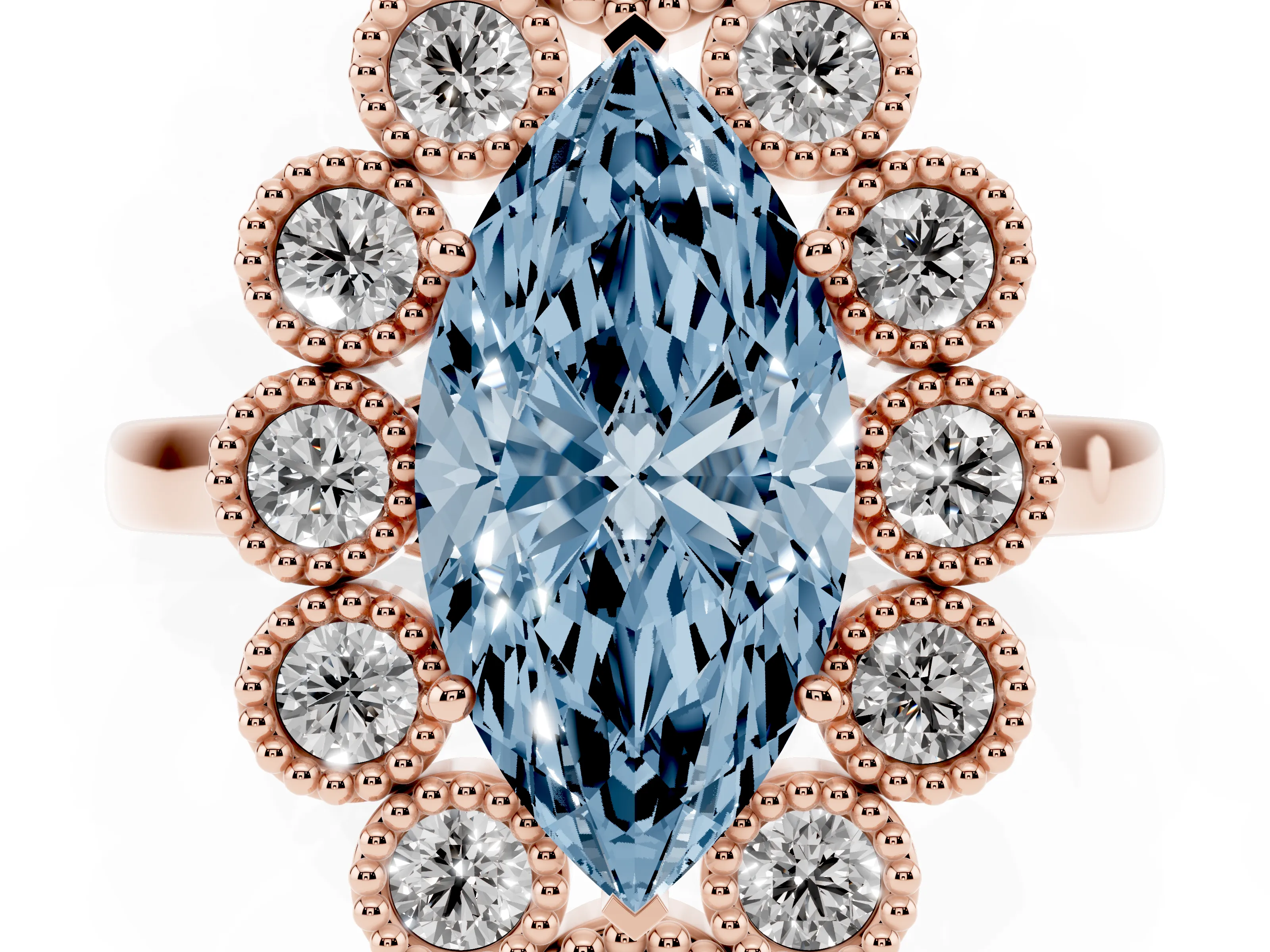 Fancy Blue Marquise Cut Diamond Cluster Halo Ring Set in Rose gold with Milgrain Bezel Accents and Plain Band