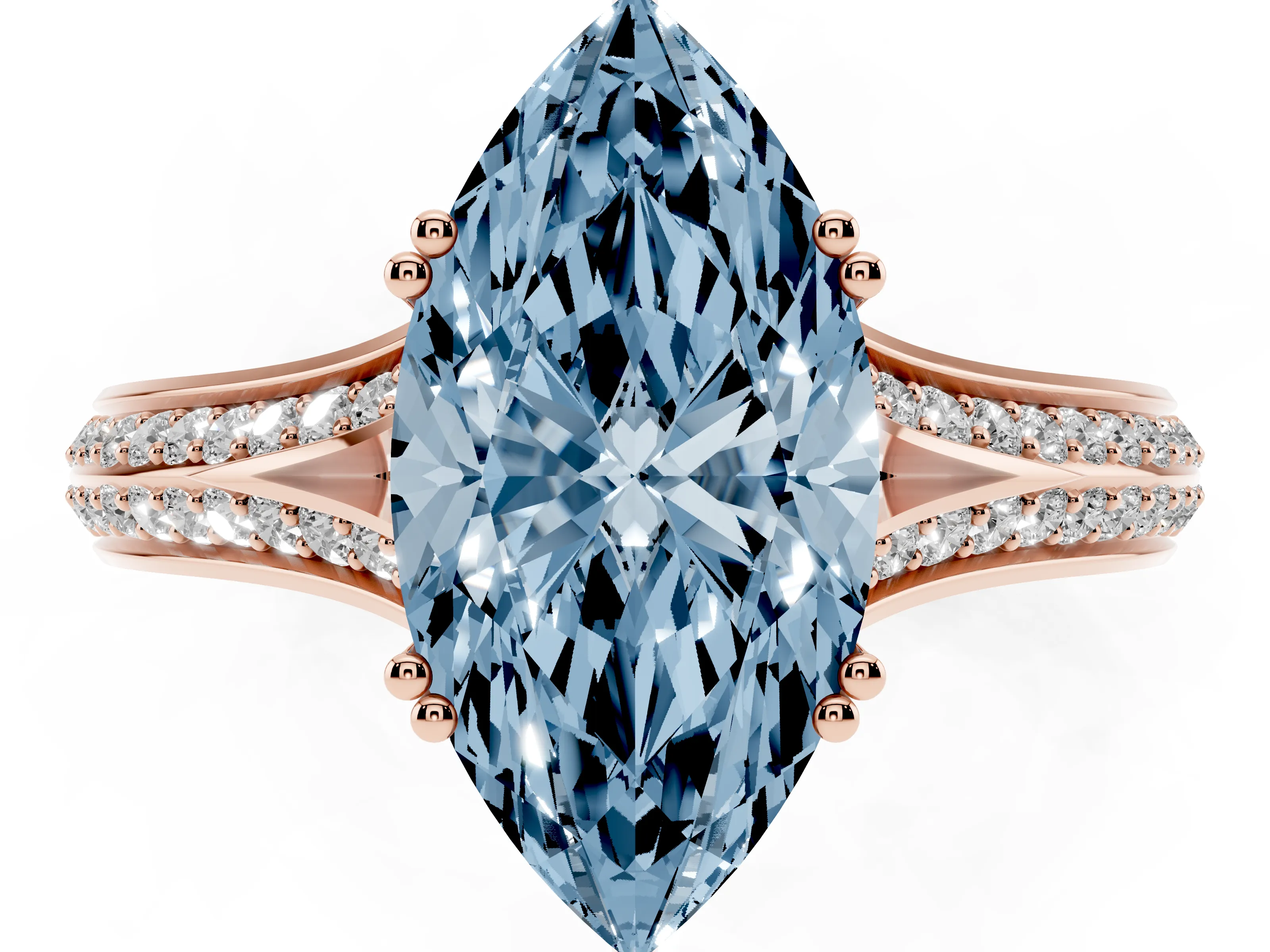 Fancy Blue Marquise Cut Diamond Split Shank Pavé Engagement Ring Set in Rose gold with Prong-Set Center Stone