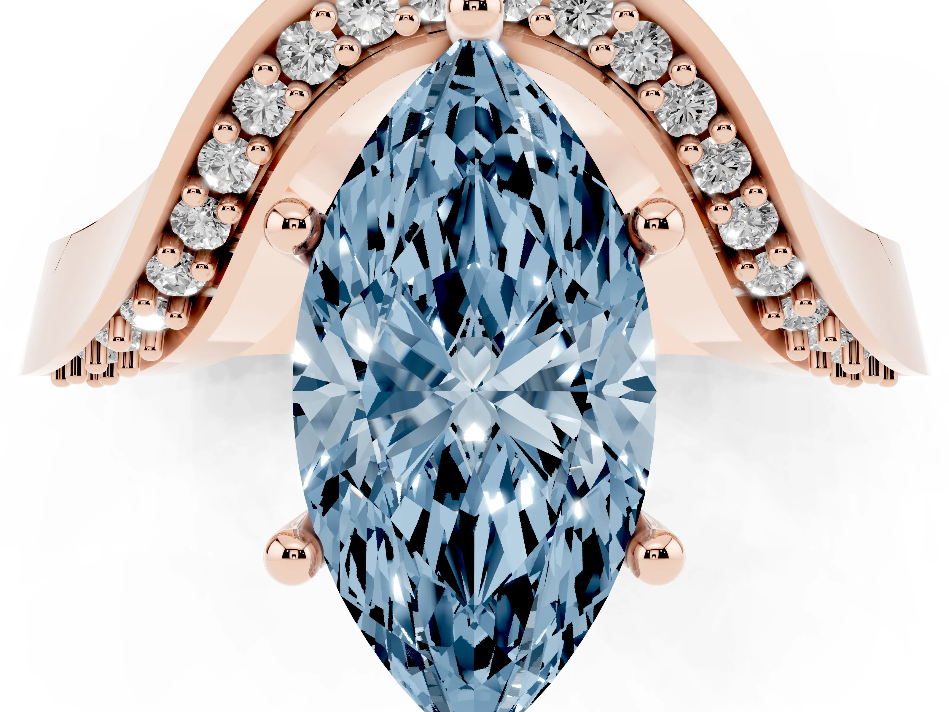 Fancy Blue Marquise Cut Diamond Solitaire Engagement Ring Set in Rose gold with Pavé Shoulders