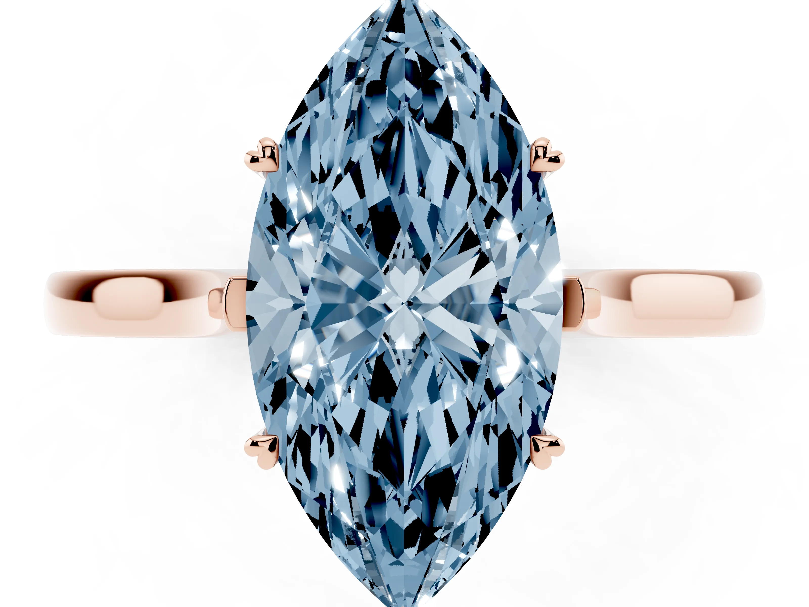 Fancy Blue Marquise Cut Diamond Solitaire Heart Prong Engagement Ring Set in Rose gold with Tapered Band