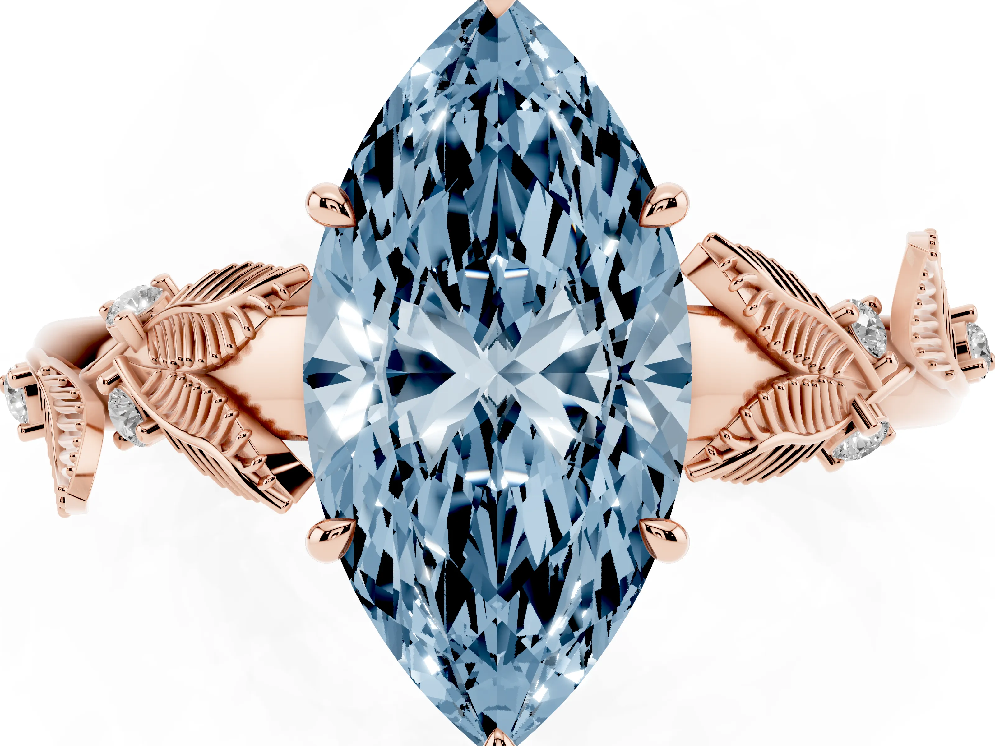 Fancy Blue Marquise Cut Diamond Solitaire Ring Set in Rose gold with Leaf Motif Band