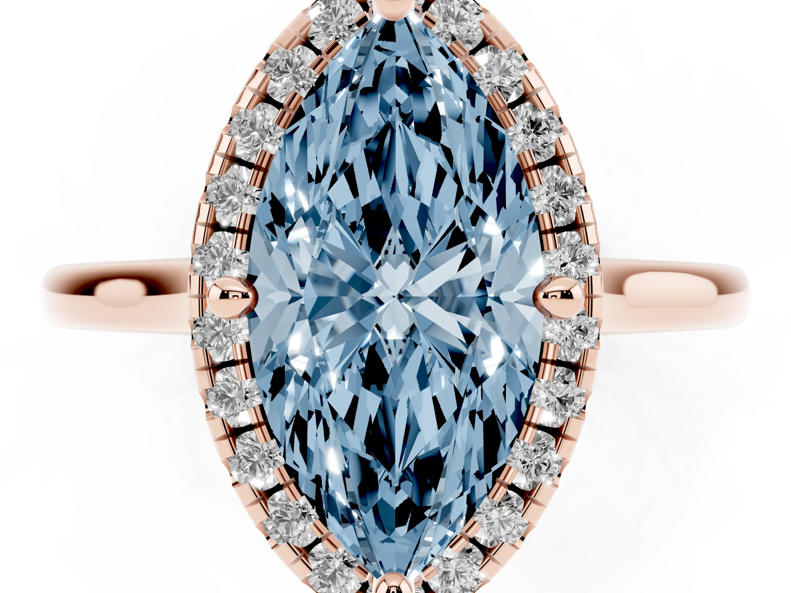 Fancy Blue Marquise Cut Diamond Halo Engagement Ring Set in Rose gold with Pavé Band and Rising Shoulders