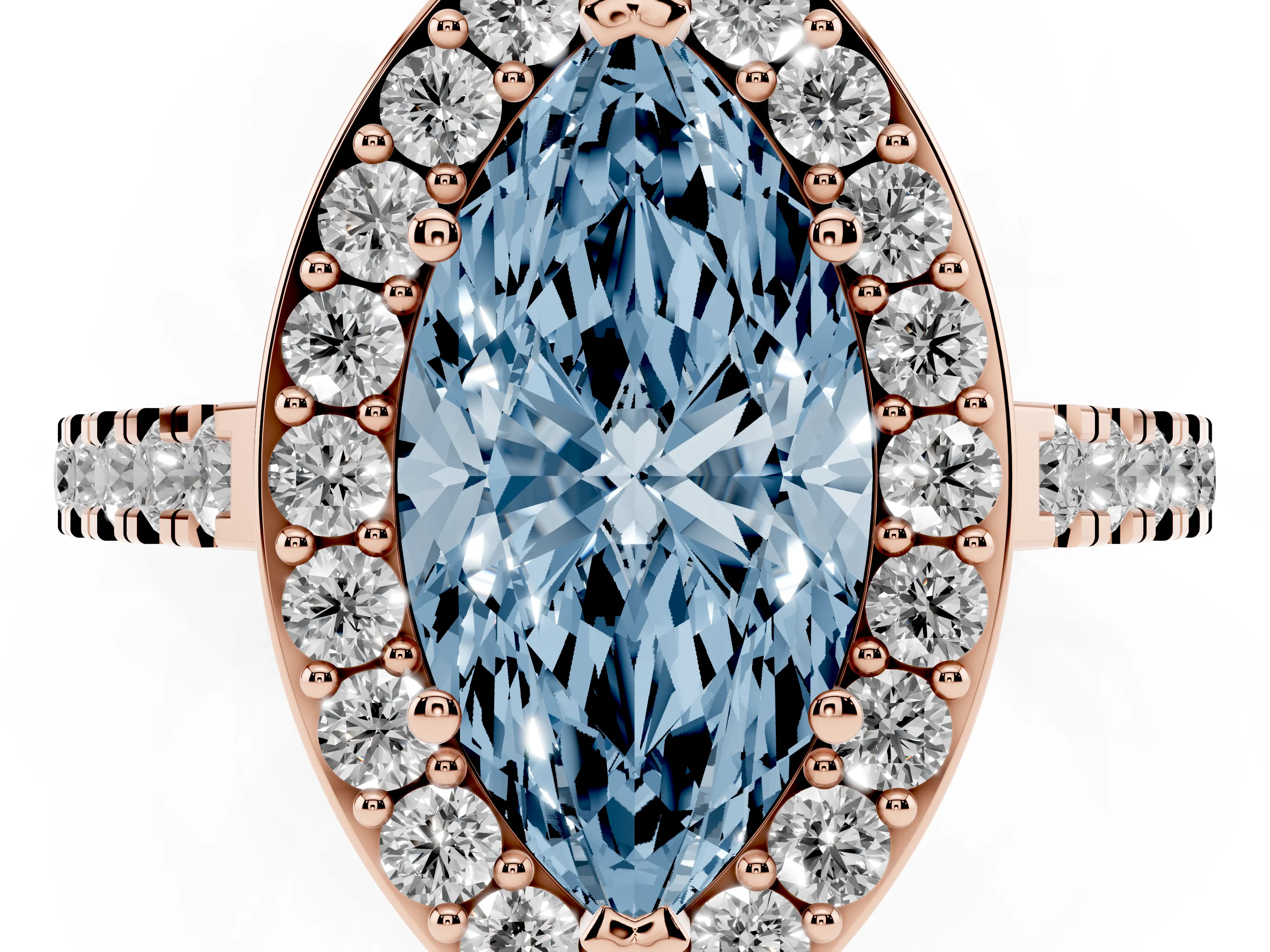 Fancy Blue Marquise Cut Diamond Halo Ring Set in Rose gold with Round Pavé Split Shank and Prong Setting