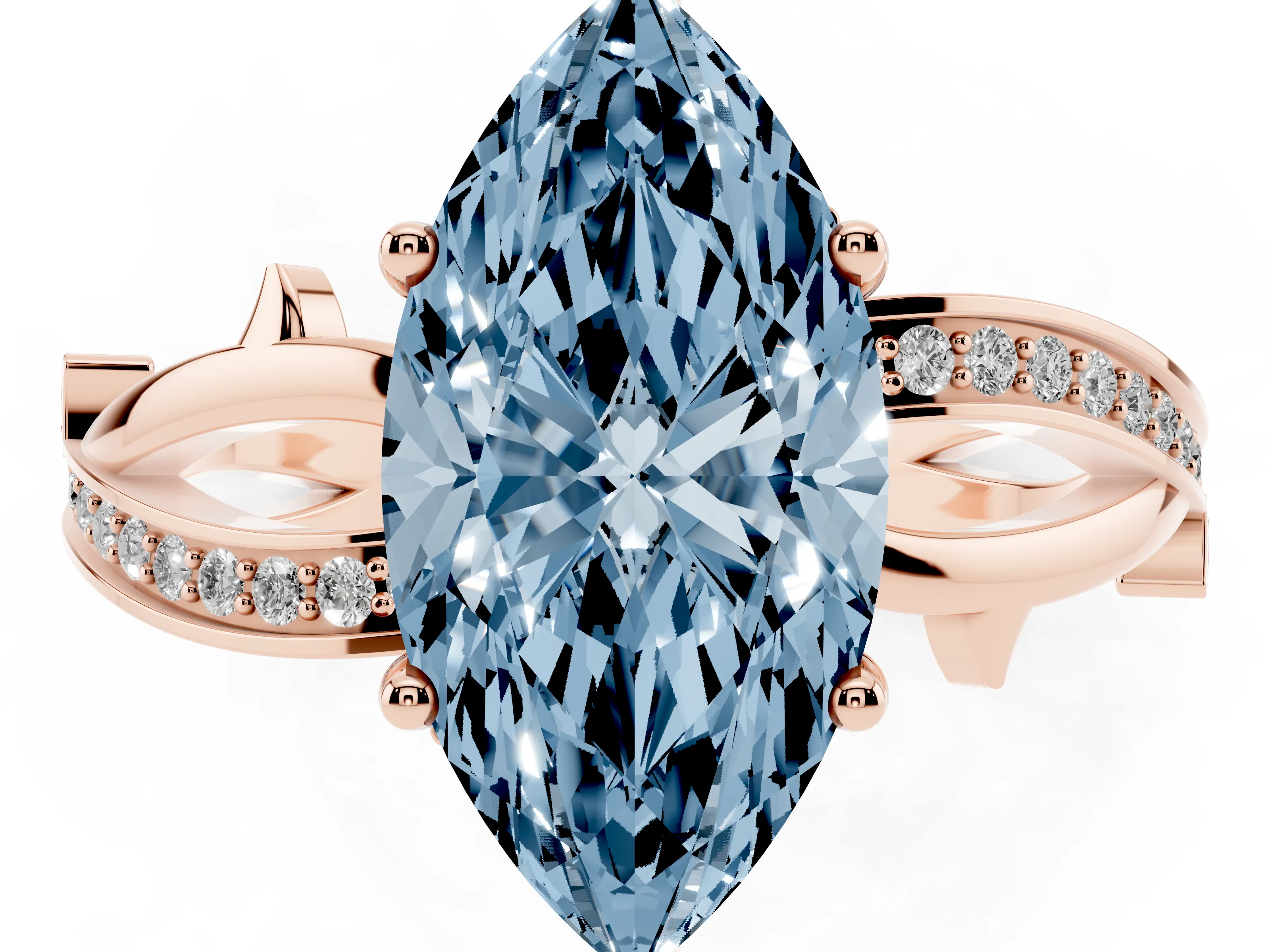 Fancy Blue Marquise Cut Diamond Pavé Twist Band Solitaire Ring Set in Rose gold with Prong Setting