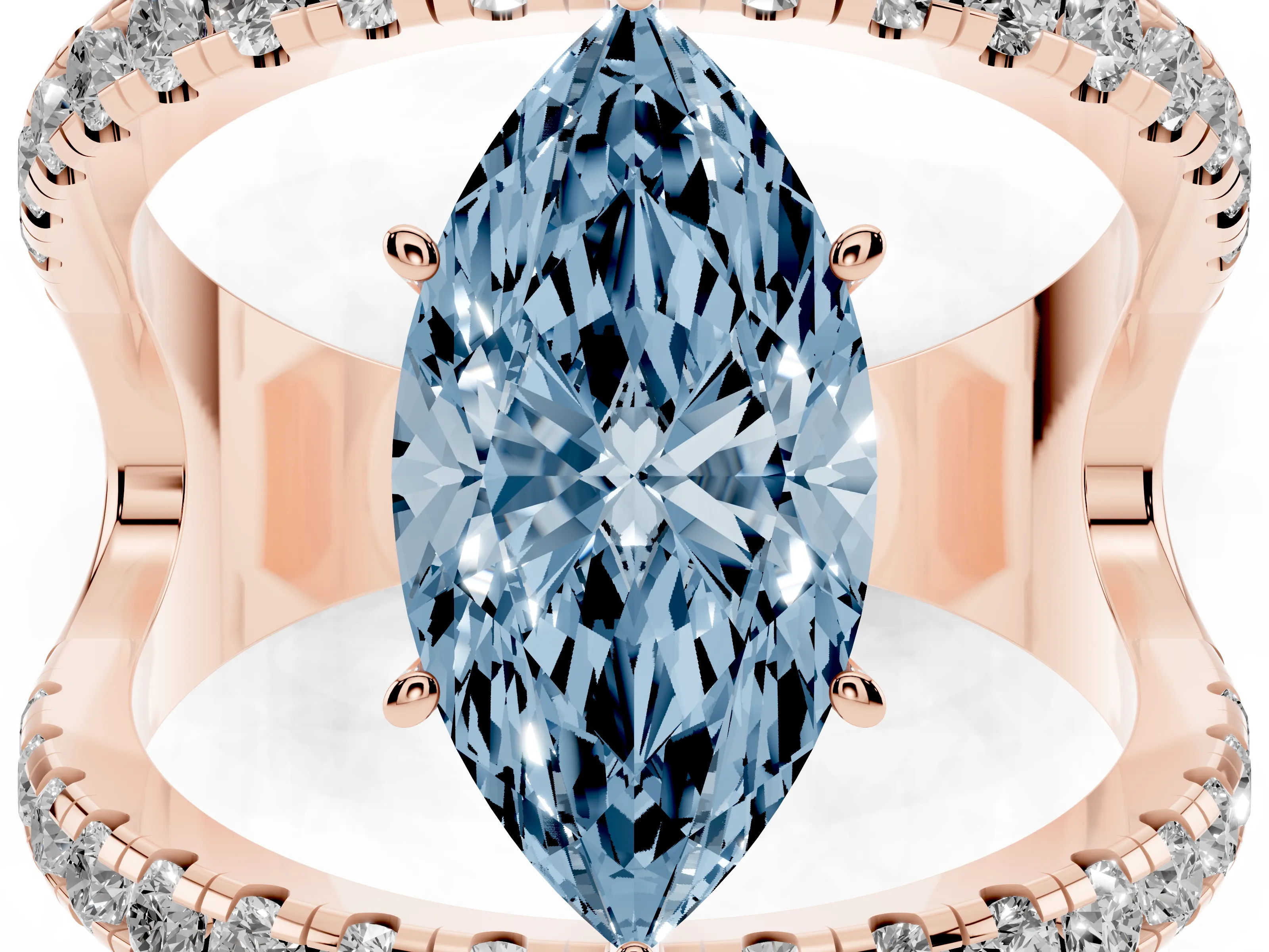 Fancy Blue Marquise Cut Diamond Split Shank Pavé Solitaire Ring Set in Rose gold with Open Shank Design