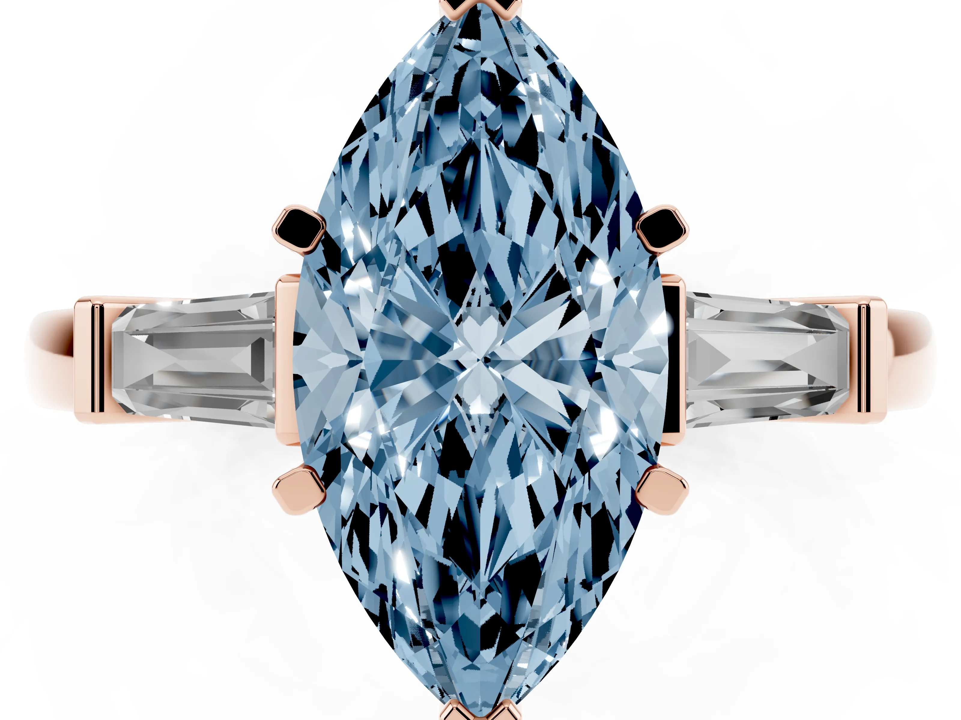 Fancy Blue Marquise Cut Diamond Solitaire Ring Set in Rose gold with Tapered Baguette Accents and Prong Setting