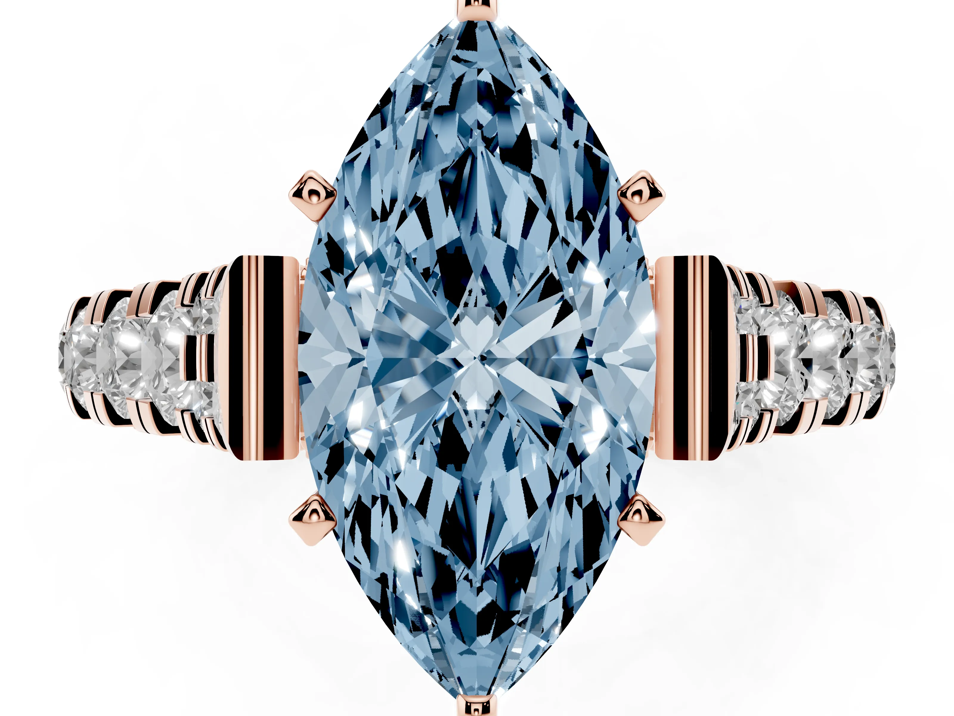 Fancy Blue Marquise Cut Diamond Classic Solitaire Ring Set in Rose gold with Pavé Band and Prong Setting