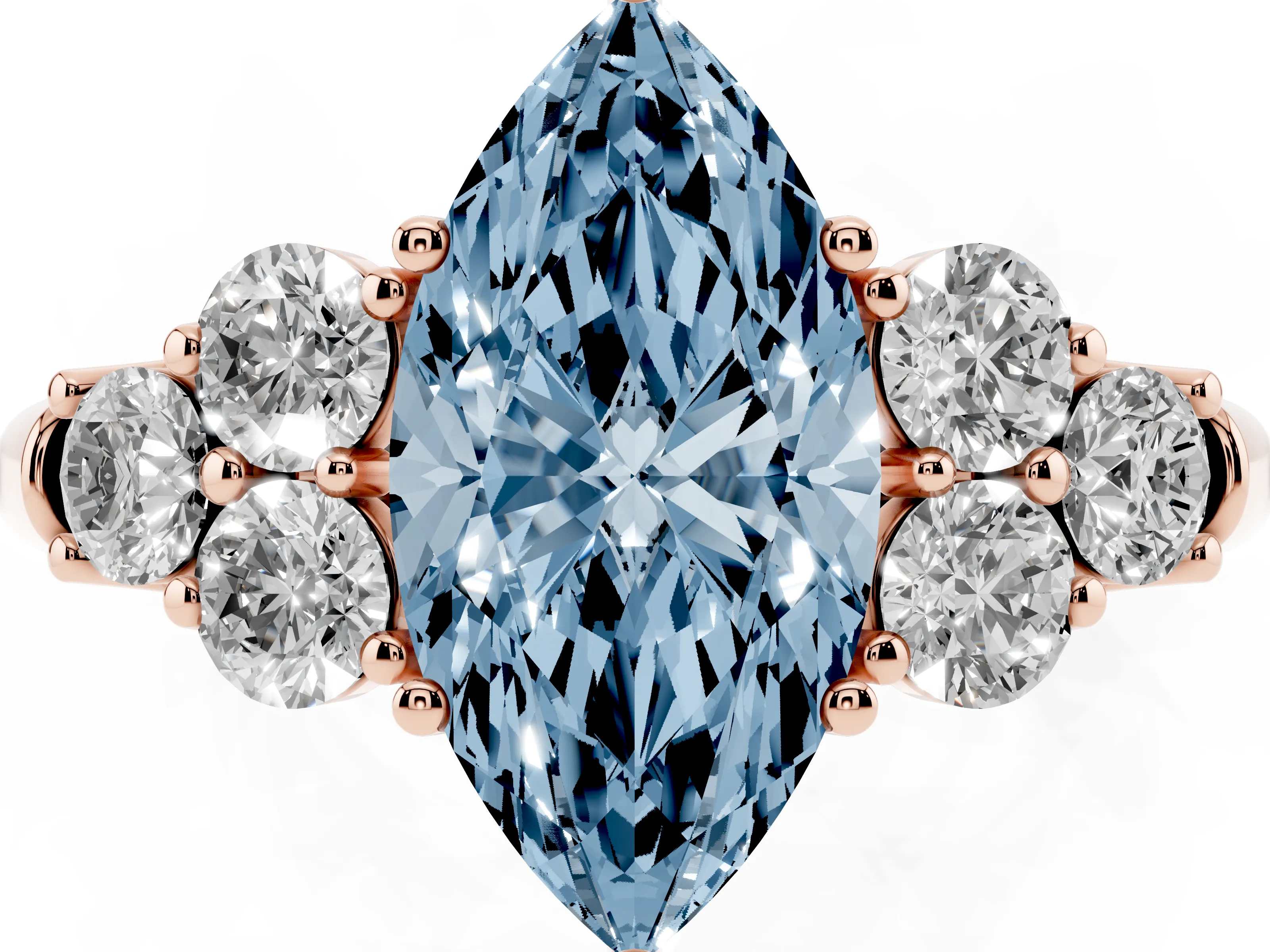 Fancy Blue Marquise Cut Diamond Cluster Ring Set in Rose gold with Round Accent Stones and Prong Setting on a Plain Band