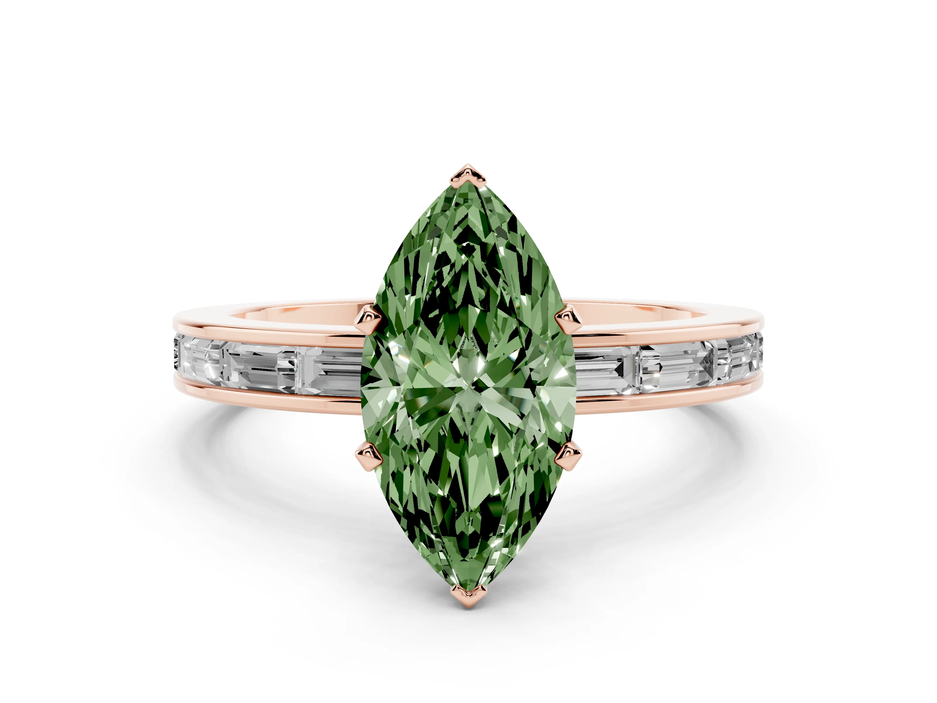 Fancy Green Marquise Cut Diamond Solitaire Ring Set in Rose gold with Channel-Set Baguette Band and Prong Setting
