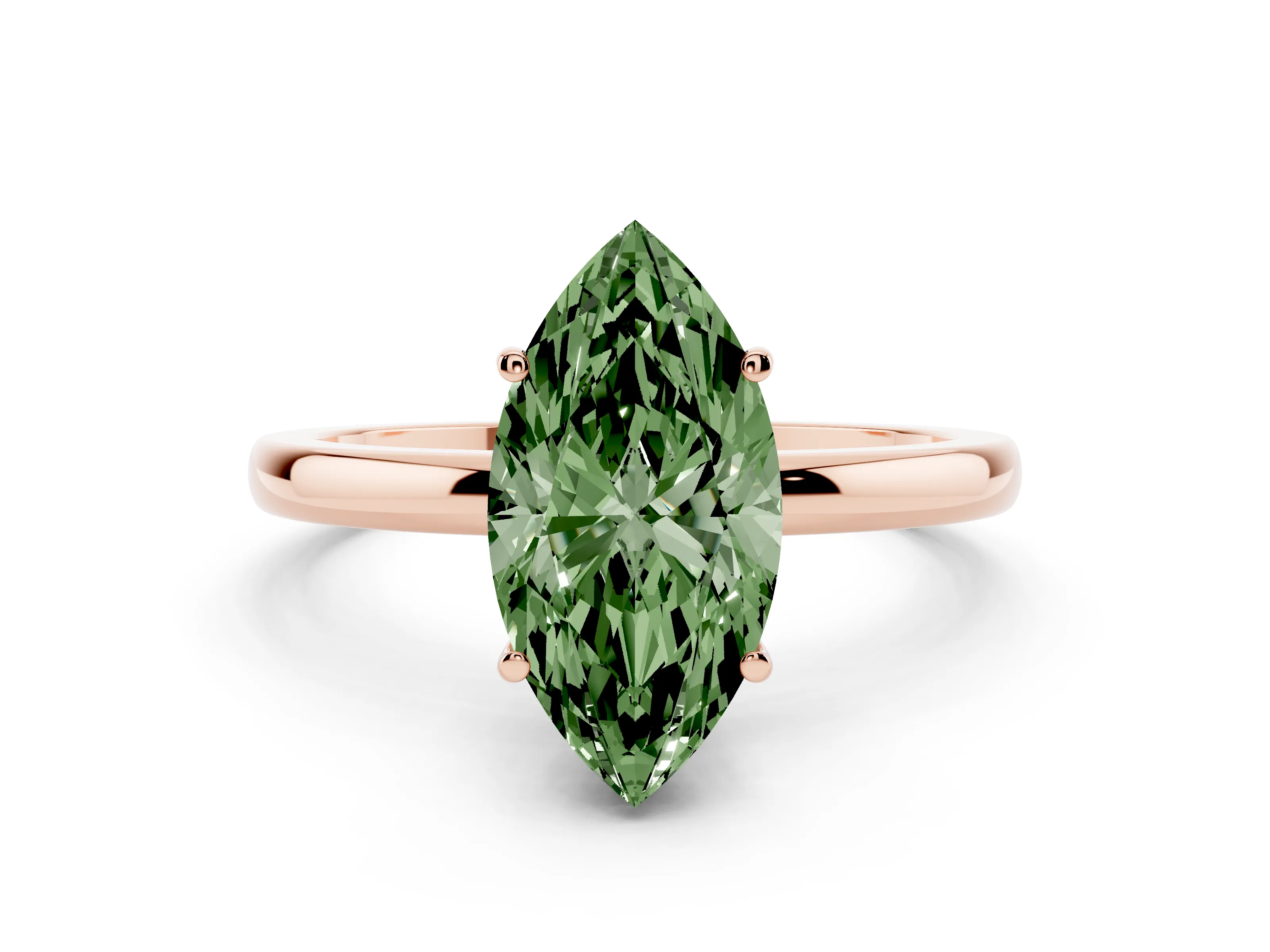 Fancy Green Marquise Cut Diamond Solitaire Ring Set in Rose gold with Plain Band and Prong Setting