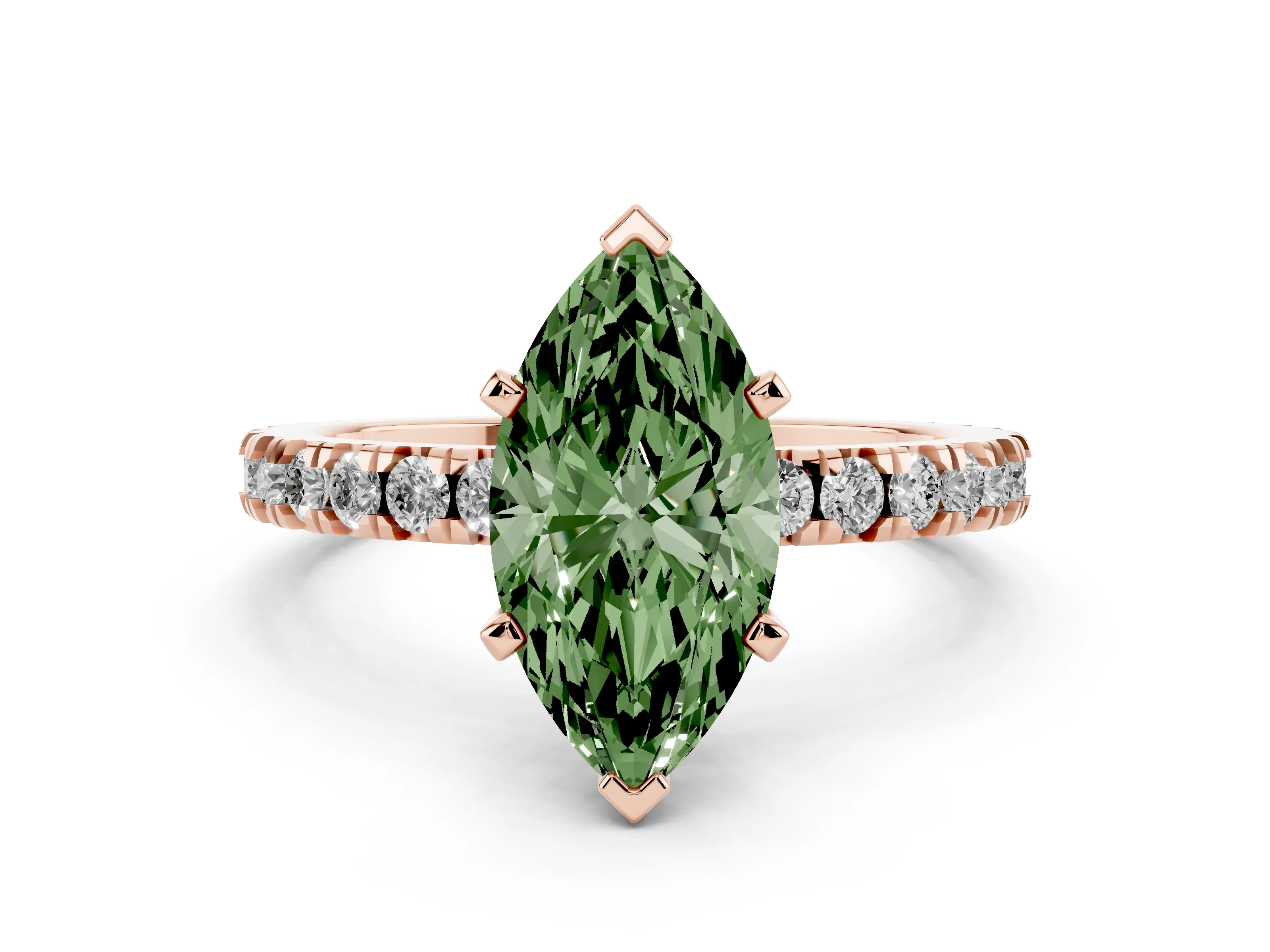 Fancy Green Marquise Cut Diamond Pavé Band Solitaire Set in Rose gold with Prong Setting