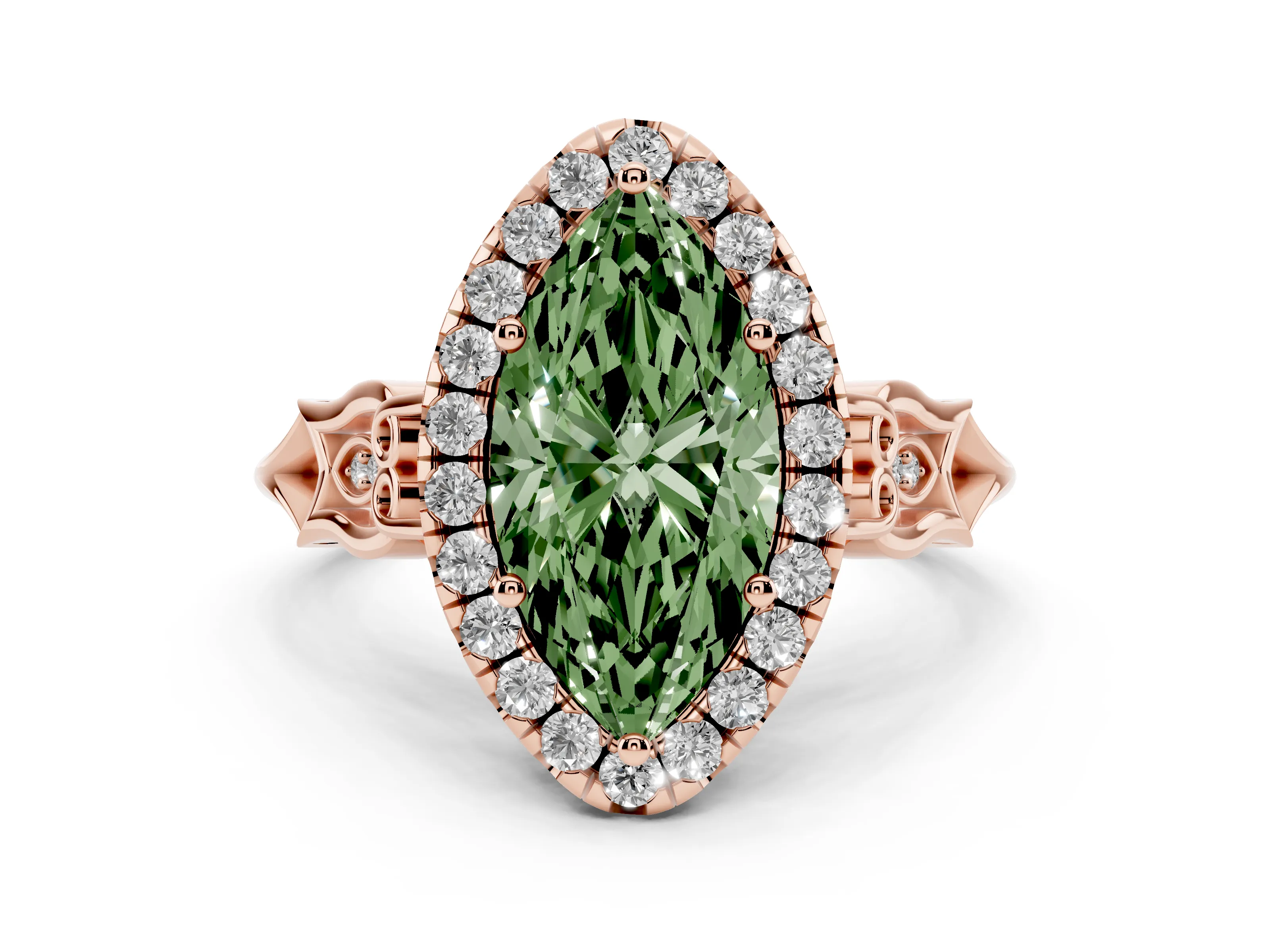 Fancy Green Marquise Cut Diamond Halo Engagement Ring Set in Rose gold with Filigree Band and Prong-Set Center