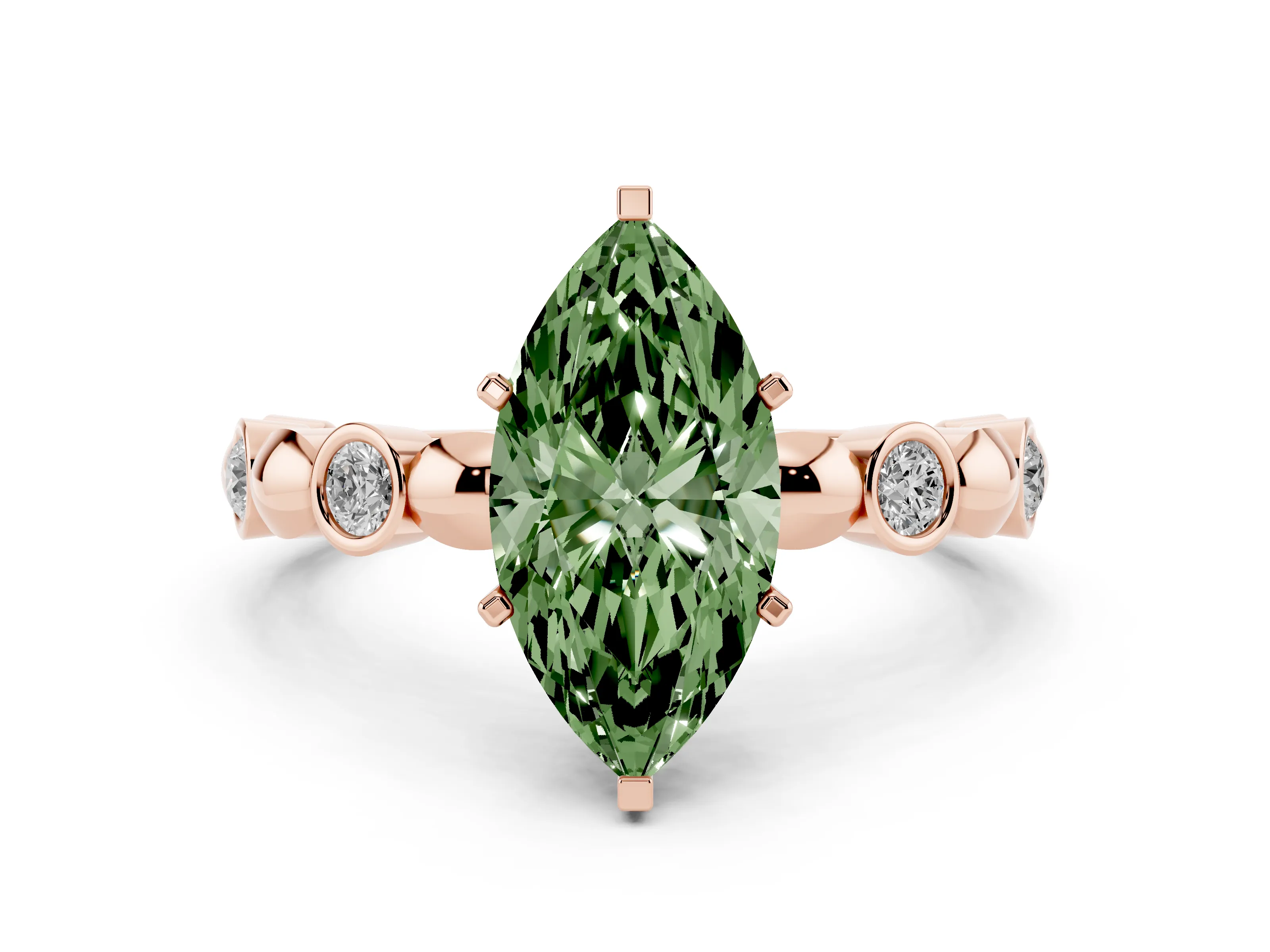 Fancy Green Marquise Cut Diamond Solitaire Ring Set in Rose gold with Bezel-Set Accents on Beaded Band and Prong Setting